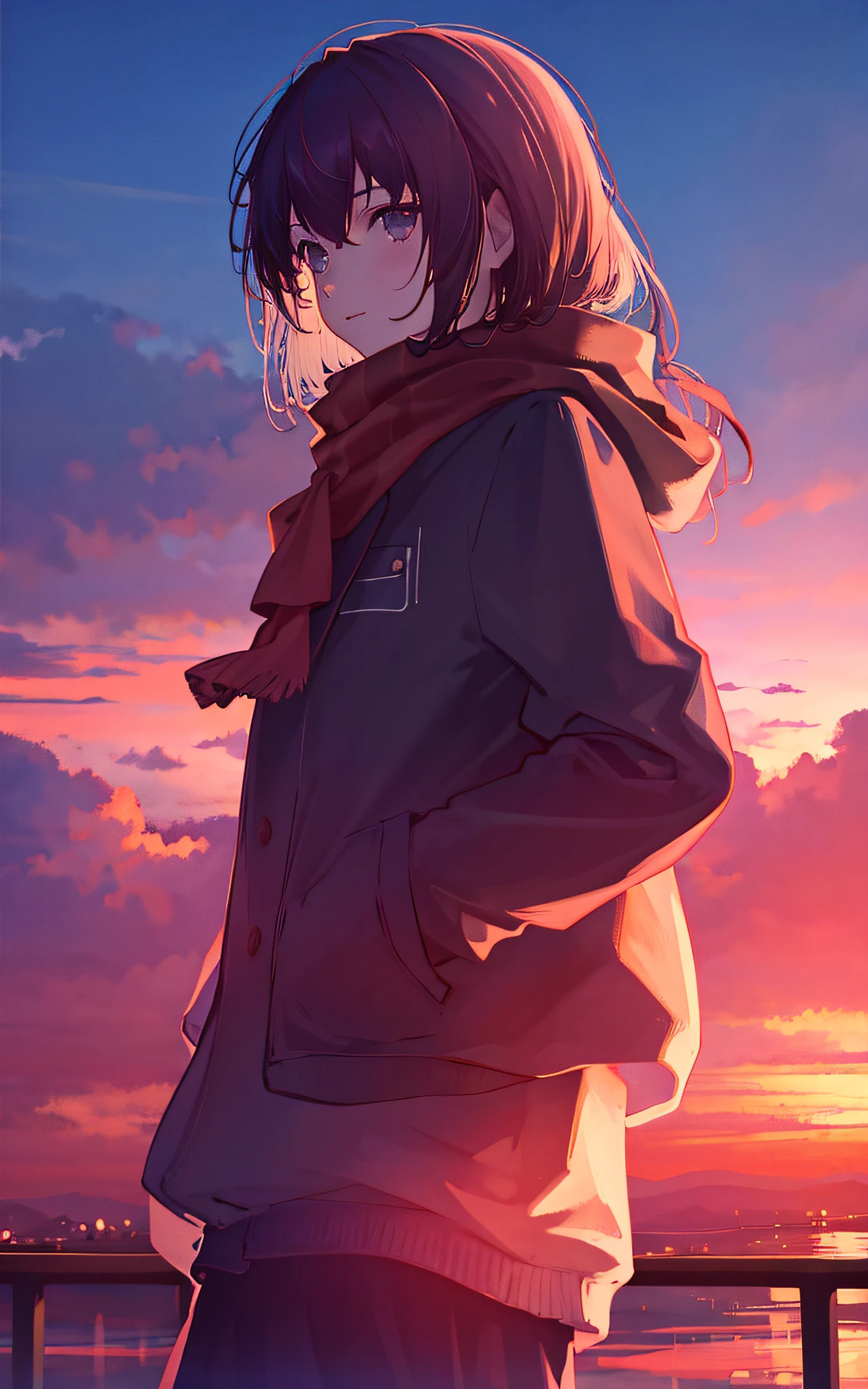 1girl, sunset,