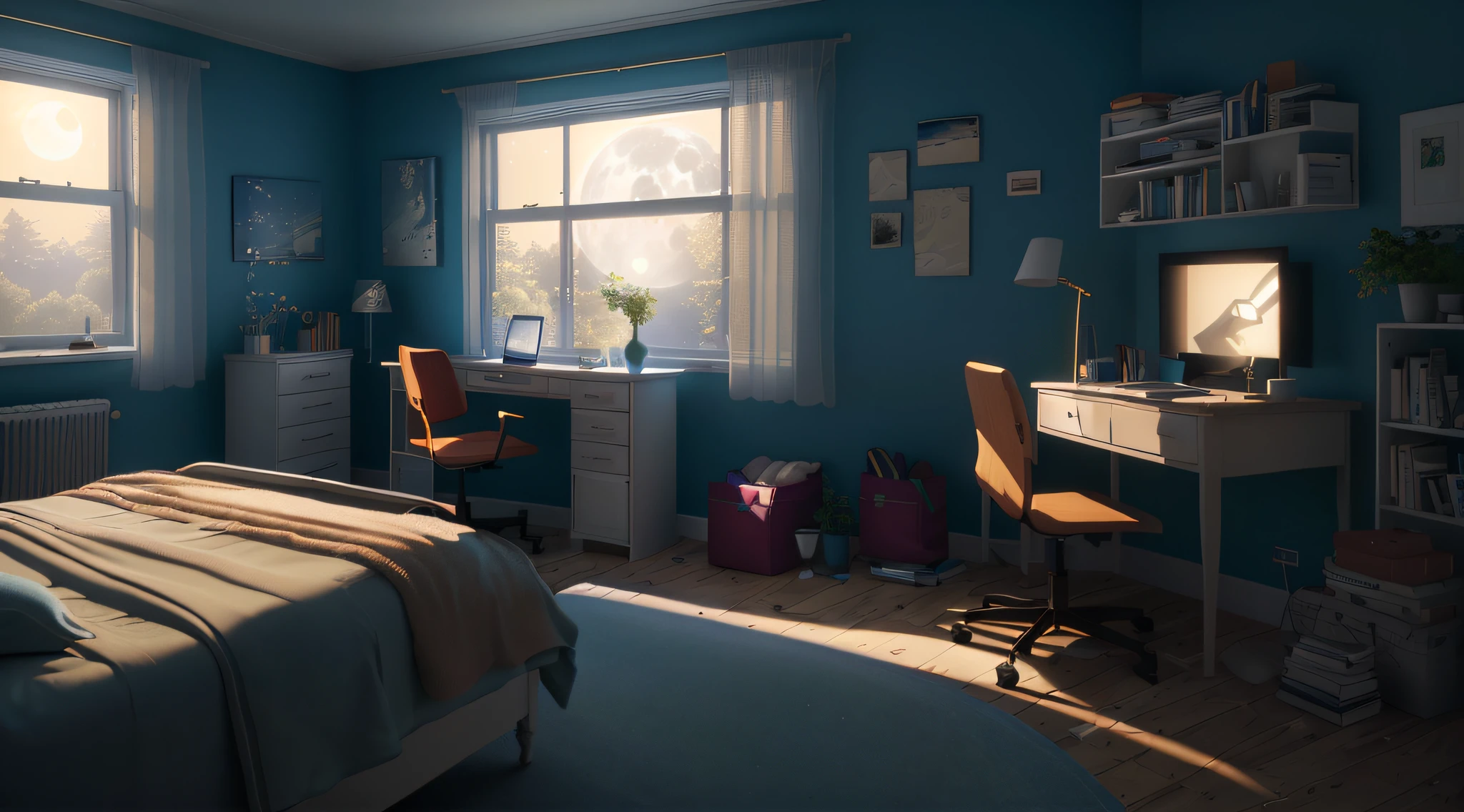 There is a bedroom with a bed, table, chair and window, realistic lighting from a lamp on the ceiling, photorealistic bedroom, personal room background, detailed lighting, atmospheric rendering, global lighting. VFX, hyper-realistic environment, photorealistic cinematic rendering, moonlight made in blender, rendered in renderman, vibrant volumetric natural moonlight, realistic 3D style