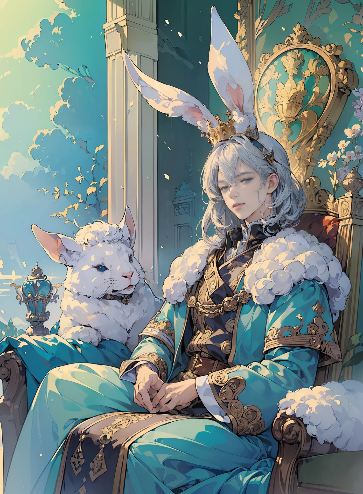 (masterpiece, top quality, best quality, beautiful illustration,official art,wide angle, beautiful and aesthetic,1 man,:1.5), (large crown: 1.5)(long rabbit ears: 1.5),Beautiful face, short silver hair, blue-eyed man, royalty, happy expression, masterpiece background, royal castle, throne, dignified look, hare, hare, 8k wallpaper