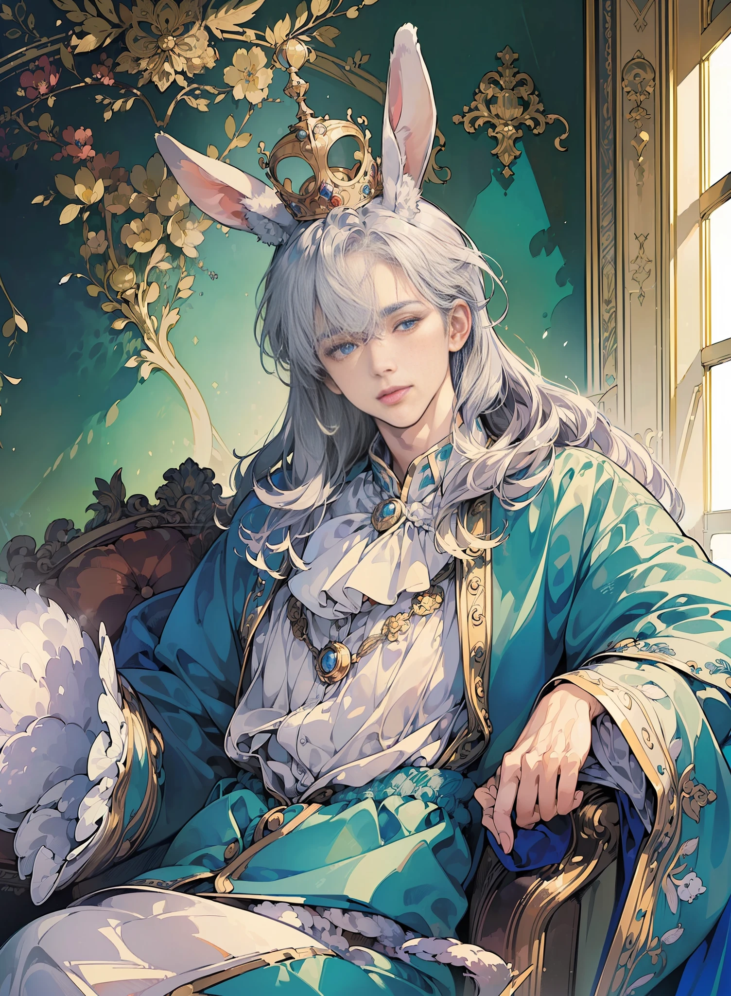 (masterpiece, top quality, best quality, beautiful illustration,official art,wide angle, beautiful and aesthetic,1 man,:1.5), (large crown: 1.5)(long rabbit ears: 1.5),Beautiful face, short silver hair, blue-eyed man, royalty, happy expression, masterpiece background, royal castle, throne, dignified look, hare, hare, 8k wallpaper