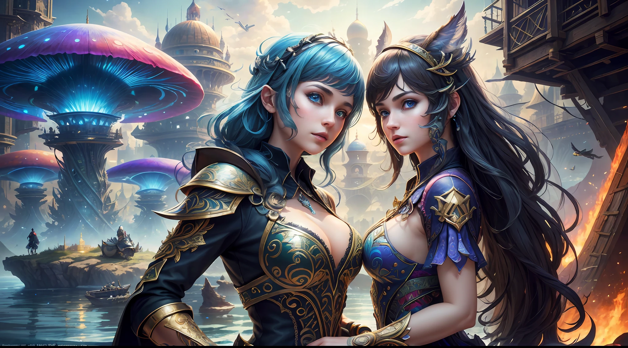 (((Multiplayer, Vivid Eyes, Man and Woman))), Best Quality, Realistic, Realistic, Award-Winning Illustrations, (Intricate Details: 1.2), (Fine Details), (Intricate Details), (Cinematic Light, Best Quality Backlight), Clear Lines, Sharp Focus, Official Art, Unity 8k Wallpapers, Ridiculous, Incredibly Absurd, Fantasy Art, (((Full Body Portrait))), RTX, ((Award-winning Triangle Studio Close-up Photo)), 1 couple, (shut up), best quality, 4K, beautiful mysterious creatures, female, flying, surrealism, masterpiece by ncwinters, in a mysterious country town, masterpiece, intricate details, ff14style, urban painting, bridge, river, giant mushroom, landscape, bright colors,
