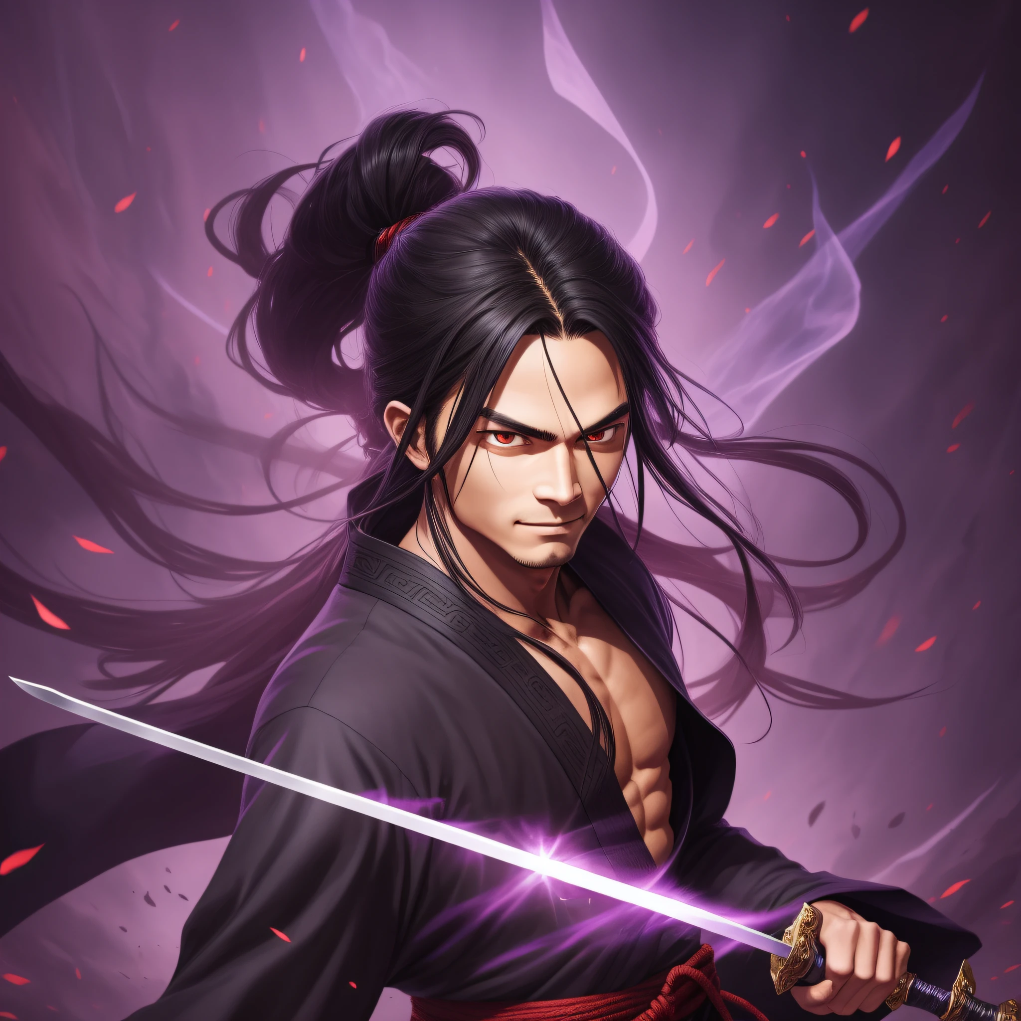detailed, best quality, 4k, swordsman, young, long hair tied black, red cat eyes, smiling, holding sword with hand, sword emitting purple light from hand, energy swords behind, kung fu clothes, battle