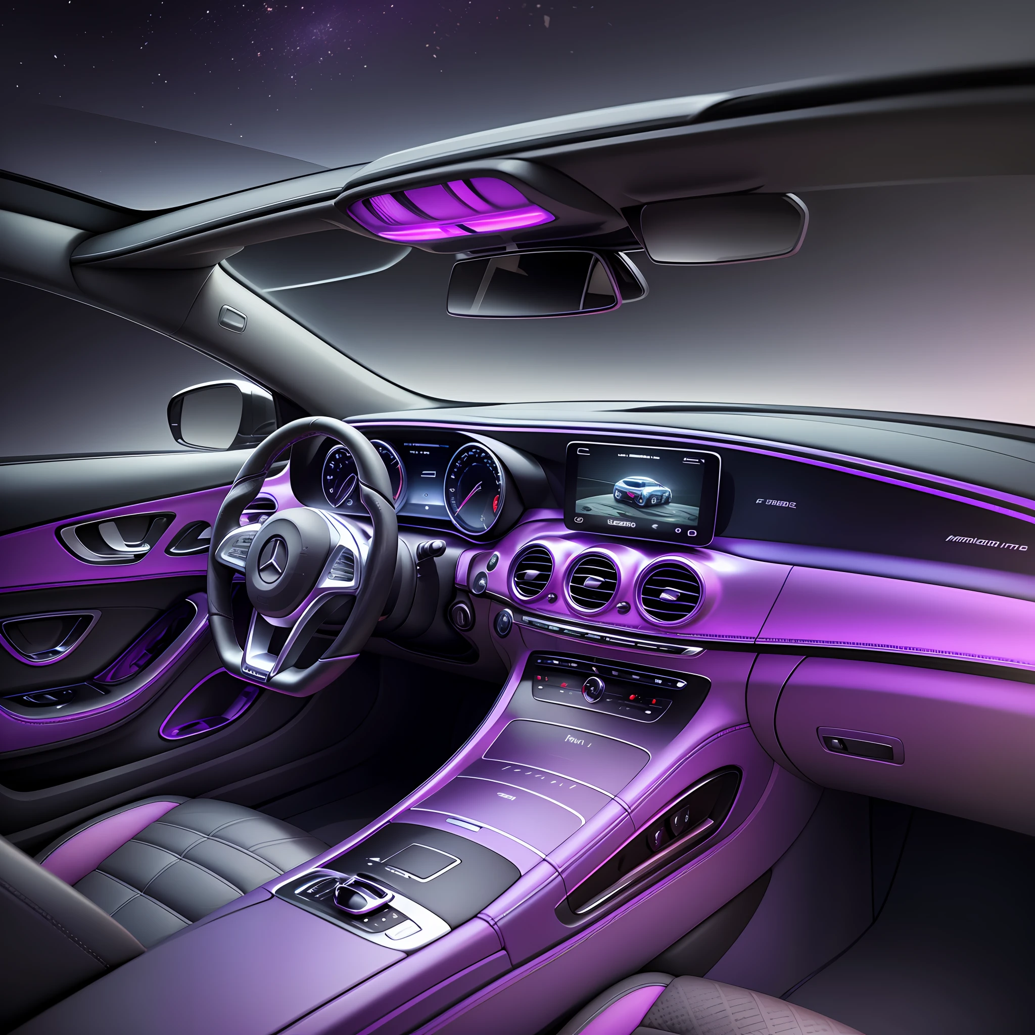 Realistic rendering, Mercedes car interior closeup with steering wheel and dashboard, purple ambient lights, car design art, car concept, car design, interior background, concept car design, modern car design, concept car design, car concept art, car interior, concept, high-end interior, --auto --s2