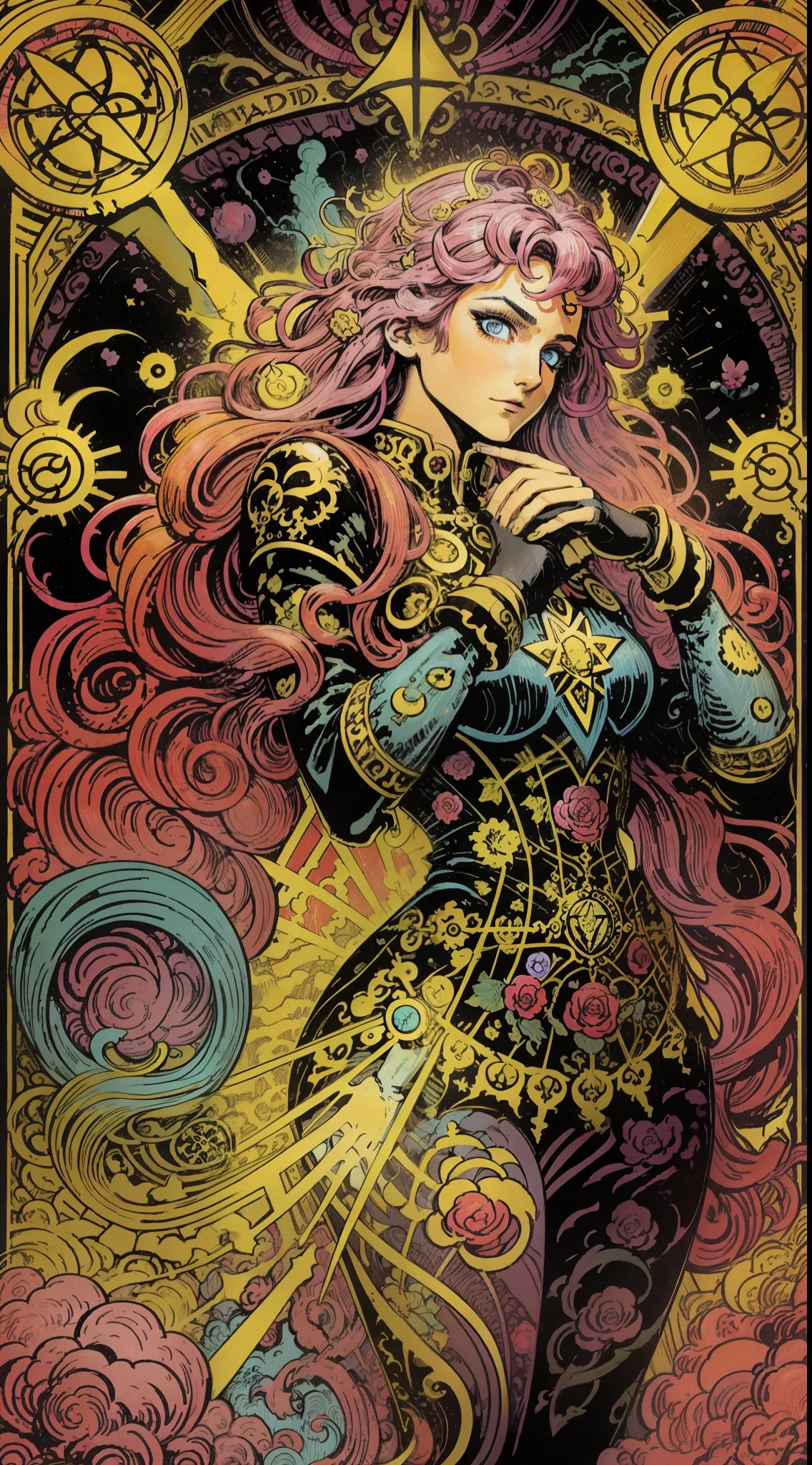 (best quality, masterpiece), tarot card, the madman, detailed illustration in CG, black background, vibrant details in yellow, art nouveau, collage of surreal images, dynamic pose, hands with red gloves, light blue eyes, artificial hair in shades of pink, purple and yellow, bright light effect, border of roses.