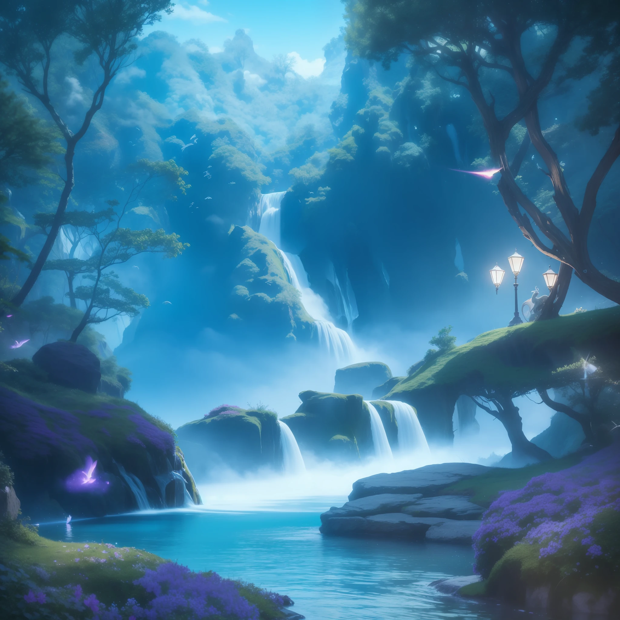 Create a stunning fantasy image that transports viewers to an enchanted world full of magic and wonders. In the image, include a picturesque landscape with starry skies and floating clouds. Add lush trees with bright foliage and a waterfall falling into a crystal clear lake. In the scenario, insert magical creatures such as unicorns, fairies, and dragons dancing and flying freely. Use a rich and dazzling color palette, with intense shades of blue, green and purple, enhancing the atmosphere of mystery and enchantment. Leave the image full of vivid details that captivate the viewers' imagination and transport them to an unforgettable fantasy world. Unleash your creativity and create an image that inspires and awakens wonders in the hearts of those who contemplate it