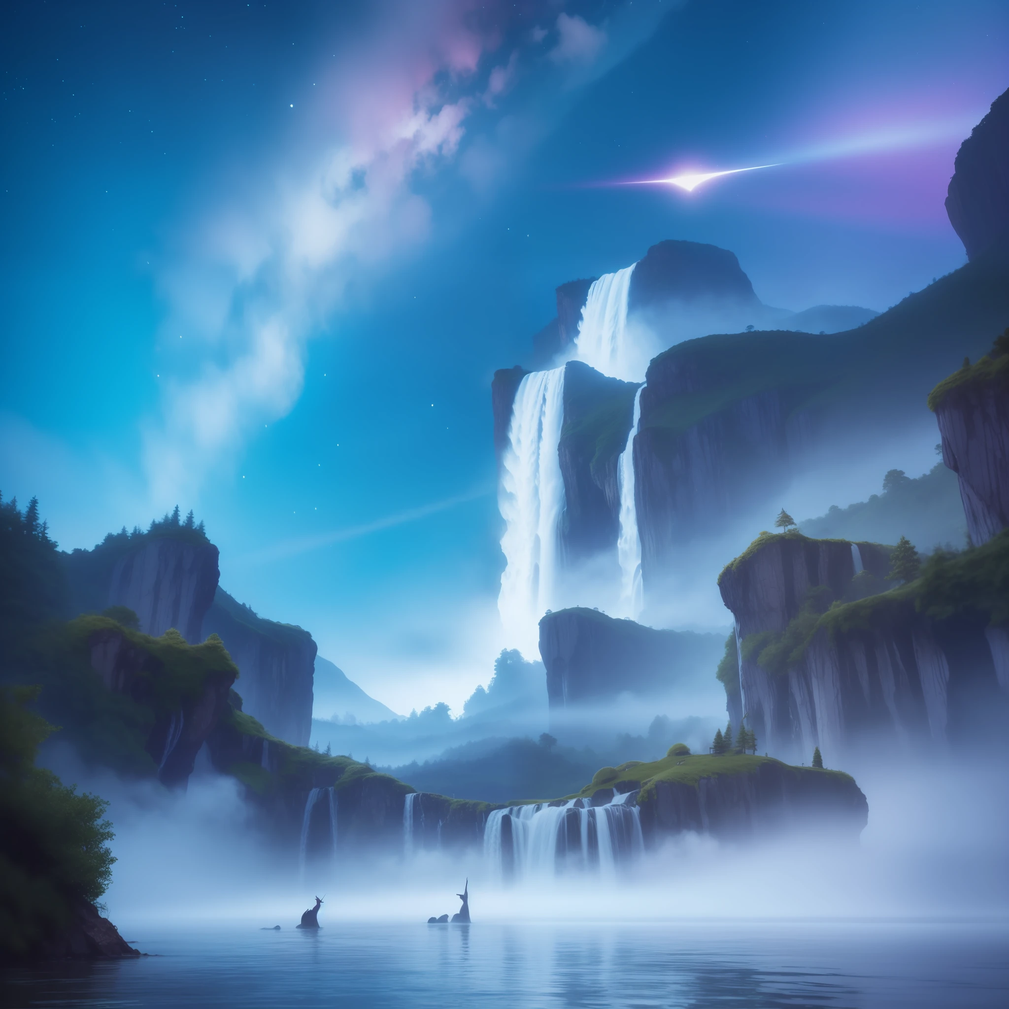 Create a stunning fantasy image that transports viewers to an enchanted world full of magic and wonders. In the image, include a picturesque landscape with starry skies and floating clouds. Add lush trees with bright foliage and a waterfall falling into a crystal clear lake. In the scenario, insert magical creatures such as unicorns, fairies, and dragons dancing and flying freely. Use a rich and dazzling color palette, with intense shades of blue, green and purple, enhancing the atmosphere of mystery and enchantment. Leave the image full of vivid details that captivate the viewers' imagination and transport them to an unforgettable fantasy world. Unleash your creativity and create an image that inspires and awakens wonders in the hearts of those who contemplate it