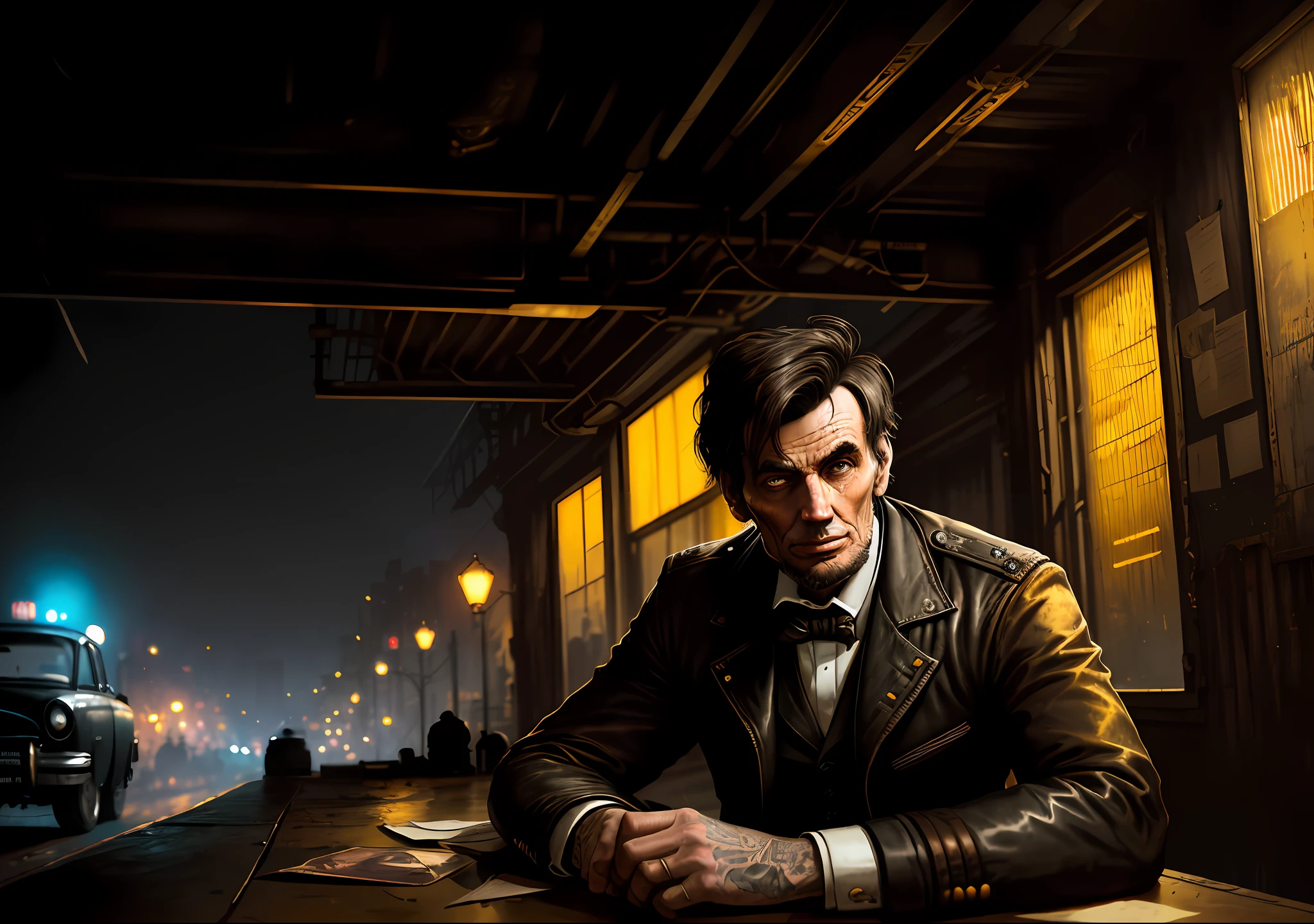 ABRAHAM LINCOLN dark photo: sitting next to an old car, realistic epic, portrait of, James Gilleard, by Joe Fenton, by Kaethe Butcher, yellow gradient, black, brown and magenta color scheme, grunge aesthetic!!! Graffiti brand wall background, art by Greg Rutkowski and Artgerm, soft cinematic light, Adobe Lightroom, Photo Lab, HDR, intricate, highly detailed, (depth of field: 1.4), faded, (neutral colors: 1.2), (HDR: 1.4), (soft colors:1.2), hyperdetailed, (Artstation:1.4), cinematic, warm lights, dramatic light, (intricate details:1.1), complex background, (Rutkowski:0.66), (blue and orange:0.4)