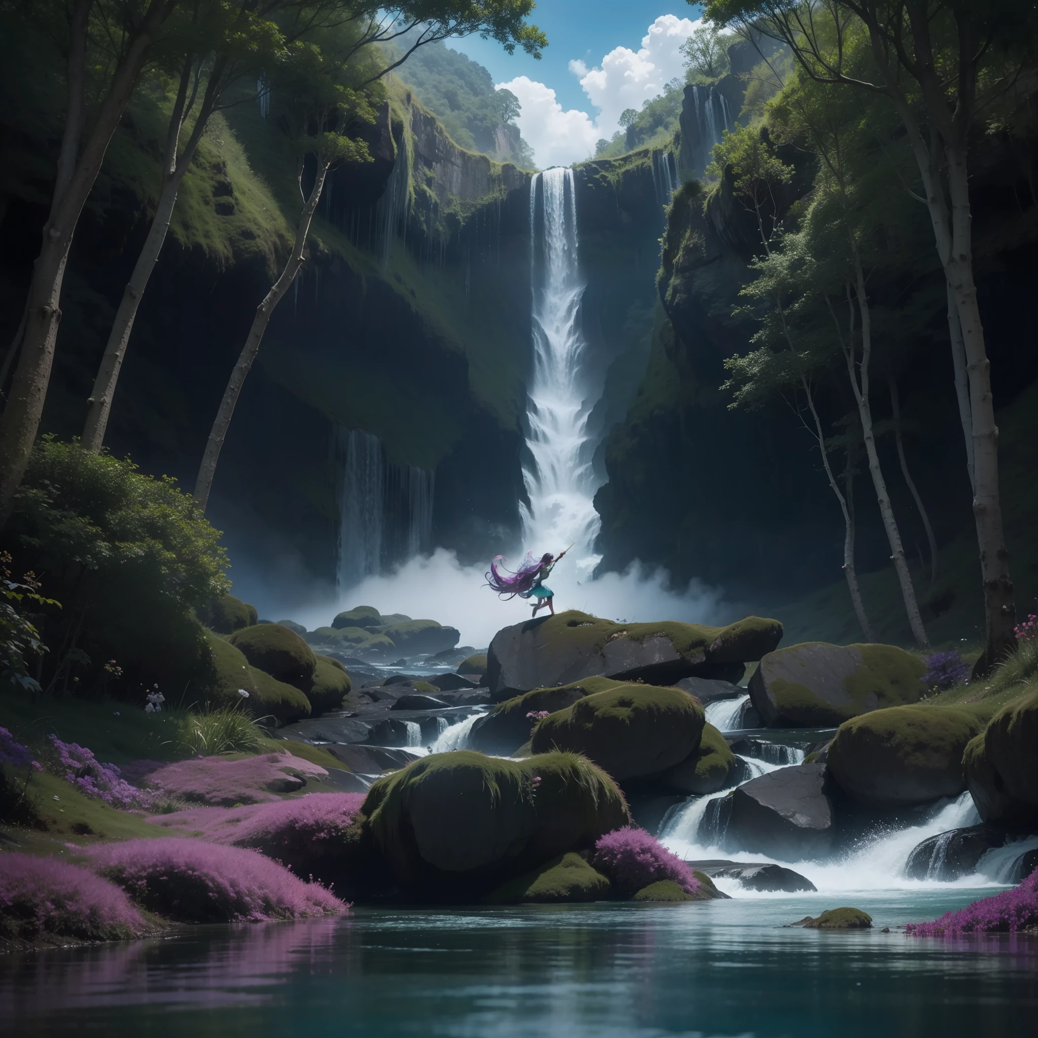 Create a stunning fantasy image that transports viewers to an enchanted world full of magic and wonders. In the image, include a picturesque landscape with starry skies and floating clouds. Add lush trees with bright foliage and a waterfall falling into a crystal clear lake. In the scenario, insert magical creatures such as unicorns, fairies, and dragons dancing and flying freely. Use a rich and dazzling color palette, with intense shades of blue, green and purple, enhancing the atmosphere of mystery and enchantment. Leave the image full of vivid details that captivate the viewers' imagination and transport them to an unforgettable fantasy world. Unleash your creativity and create an image that inspires and awakens wonders in the hearts of those who contemplate it