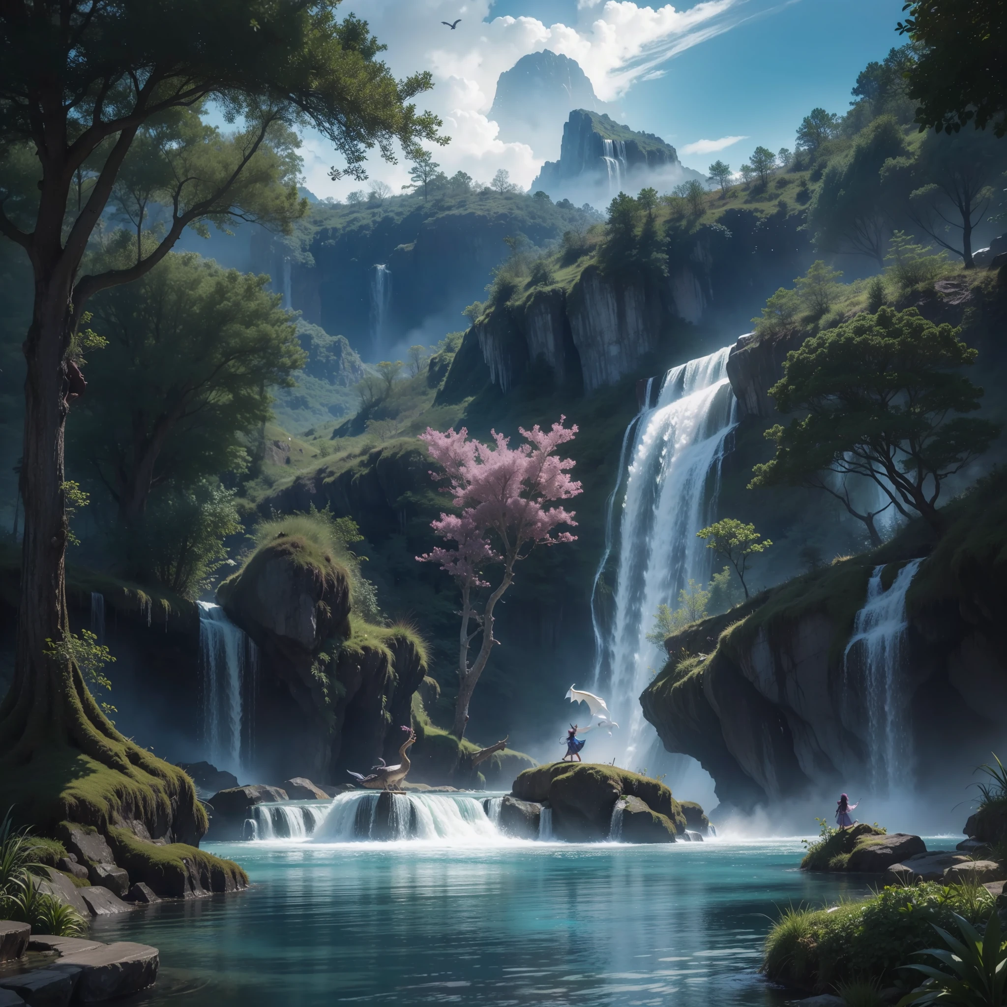 Create a stunning fantasy image that transports viewers to an enchanted world full of magic and wonders. In the image, include a picturesque landscape with starry skies and floating clouds. Add lush trees with bright foliage and a waterfall falling into a crystal clear lake. In the scenario, insert magical creatures such as unicorns, fairies, and dragons dancing and flying freely. Use a rich and dazzling color palette, with intense shades of blue, green and purple, enhancing the atmosphere of mystery and enchantment. Leave the image full of vivid details that captivate the viewers' imagination and transport them to an unforgettable fantasy world. Unleash your creativity and create an image that inspires and awakens wonders in the hearts of those who contemplate it