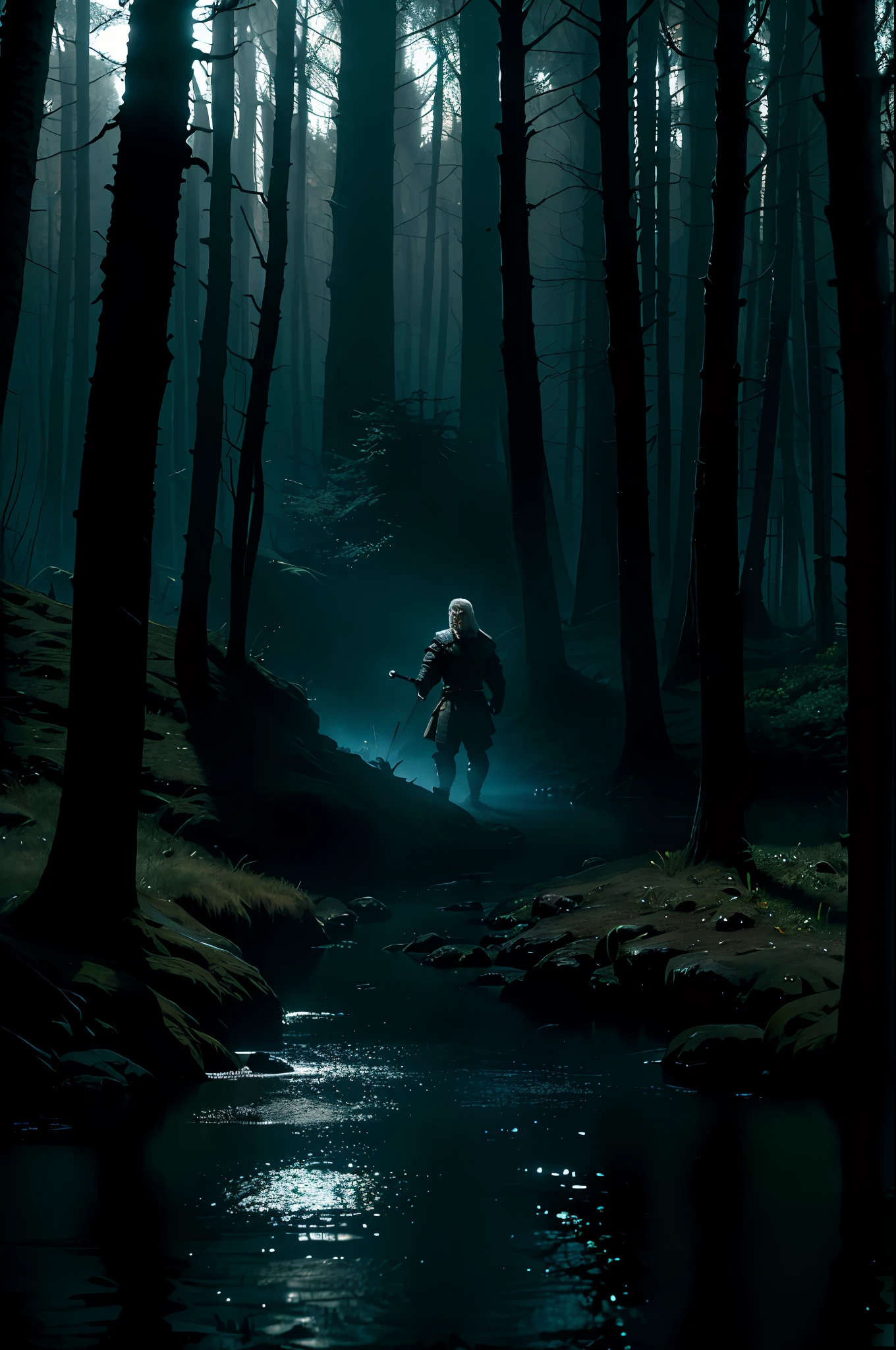 (best quality, full HD image),(geralt of Henry Cavill as Geralt of Rivia The Brown Witcher), fighting swamp monster,(night scene,cinematic),(atmospheric,mysterious),(fog veil),(dark waters),(intense showers),(sharp details)