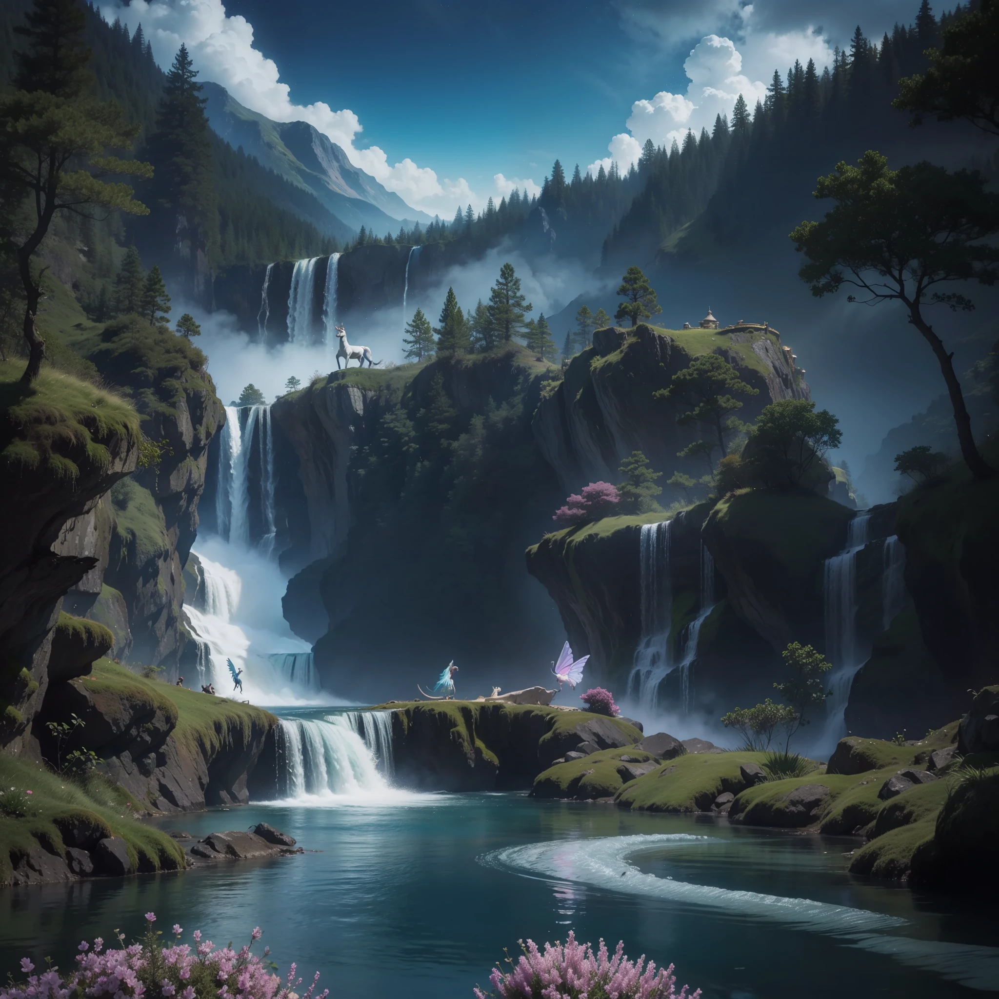 Create a stunning fantasy image that transports viewers to an enchanted world full of magic and wonders. In the image, include a picturesque landscape with starry skies and floating clouds. Add lush trees with bright foliage and a waterfall falling into a crystal clear lake. In the scenario, insert magical creatures such as unicorns, fairies, and dragons dancing and flying freely. Use a rich and dazzling color palette, with intense shades of blue, green and purple, enhancing the atmosphere of mystery and enchantment. Leave the image full of vivid details that captivate the viewers' imagination and transport them to an unforgettable fantasy world. Unleash your creativity and create an image that inspires and awakens wonders in the hearts of those who contemplate it