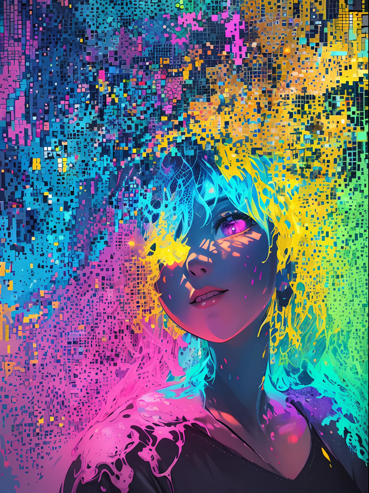 Girl, Colorful, tetris, colorful paint, splash paint, Liquid, fog, vibrant color, matrix, hologram, absurdres, fine detailed, ultra-detailed, highly detailed, intricate, masterpiece, 4k,