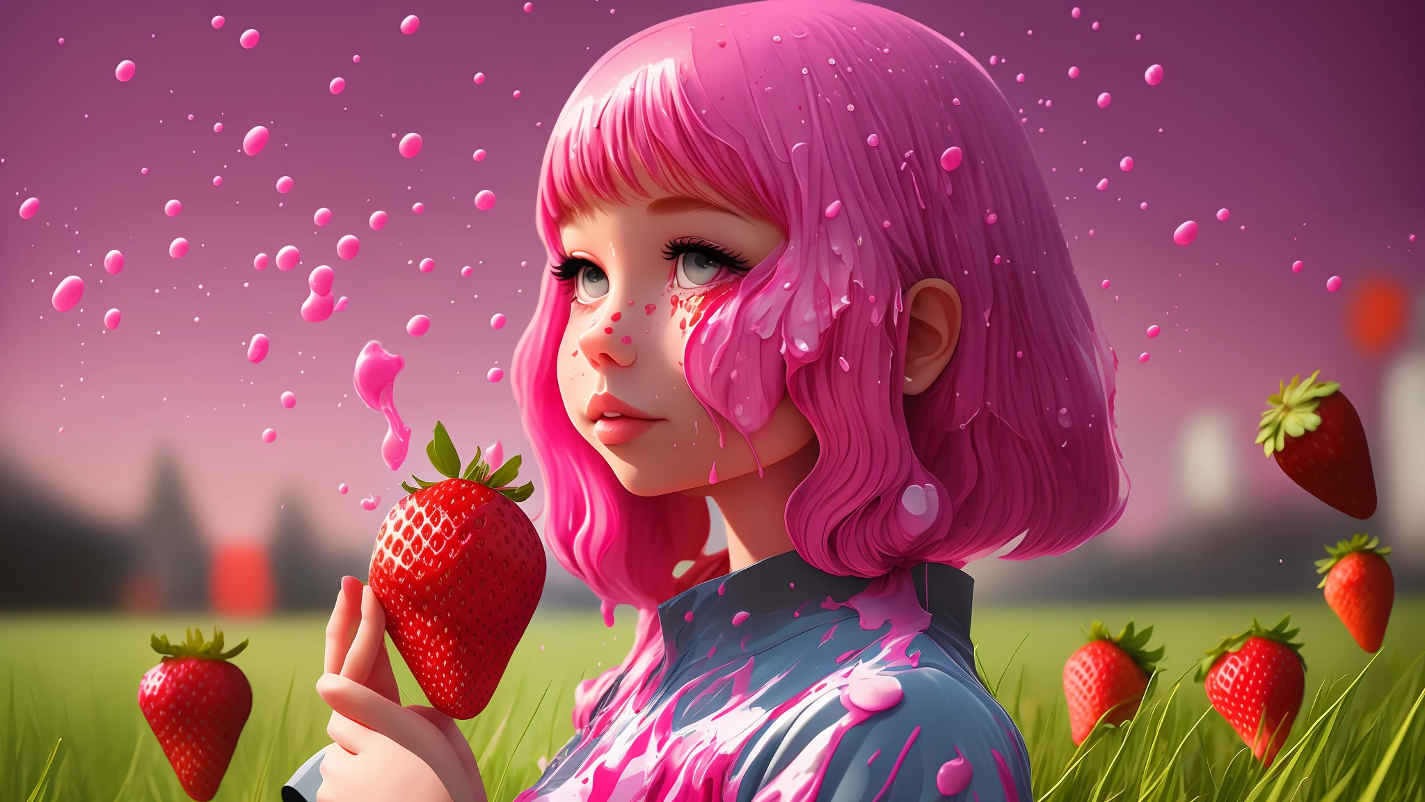 cartoon girl holding a strawberry ice cream that is melting in the grass,samdoesarts; award-winning portrait, ink splatter, splatter, leak, vaporware, digital art, trending on artstation, highly detailed, fine detail, intricate, --auto --s2