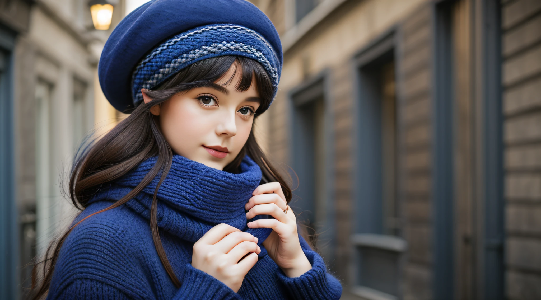 girl wearing a blue hat and scarf, wearing a french beret, wearing a beret, an oversized beret, berets, inspired by Hyacinthe Rigaud, inspired by Violet Fuller, cobalt blue, dark blue beanie, french girl, fedora blue, commercial photo, inspired by Sophia Beale, dress in blue, official product photo, blue clothing