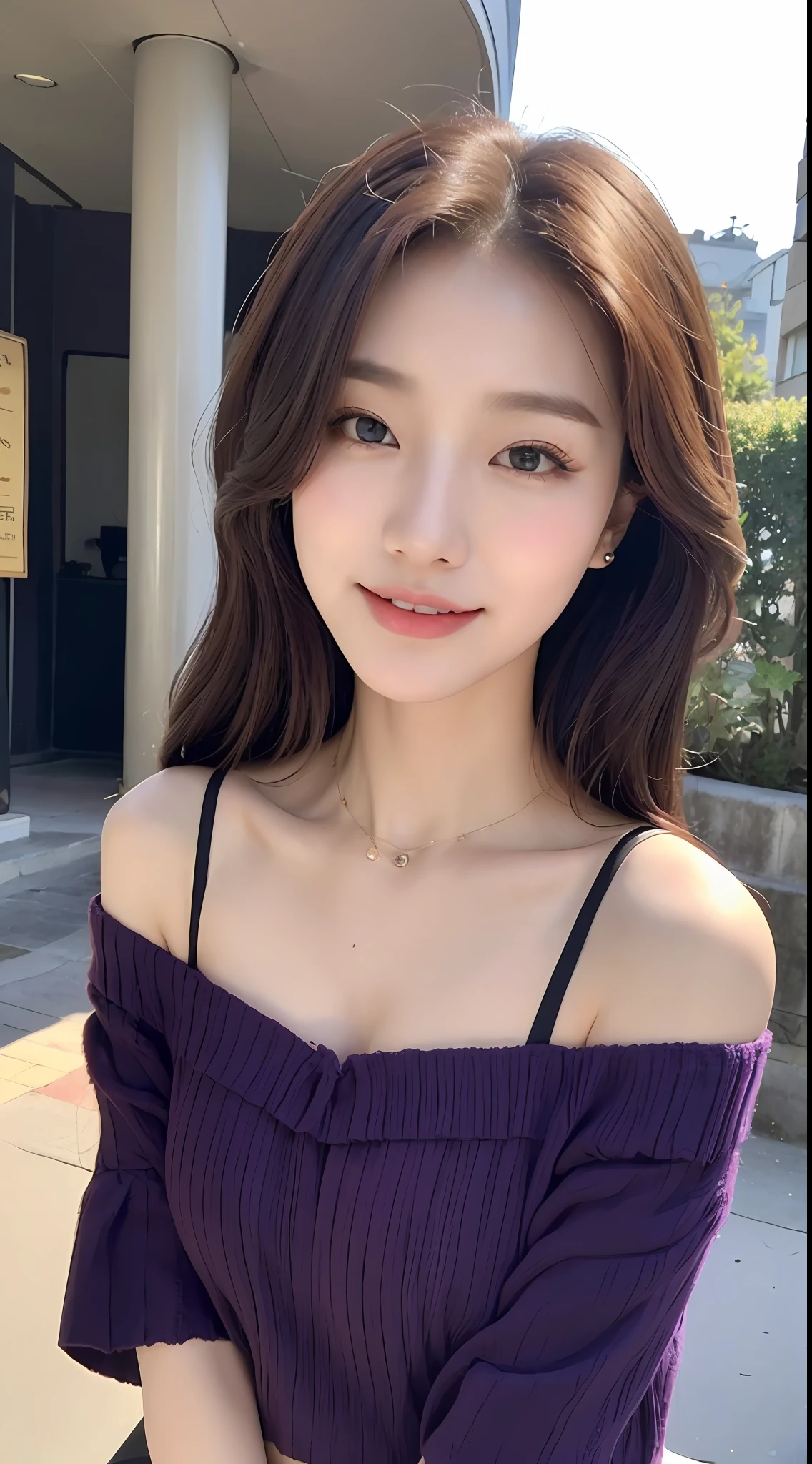 (1 Korean star with royal sister style), ((best quality, 8k, masterpiece: 1.3)), focus: 1.2, perfect body beauty: 1.4 , (smile), (Street: 1.3), highly detailed face and skin texture, fine eyes, double eyelids, whitening skin, (big wave hairstyle: 1.3), (round face: 1.5), (purple off-the-shoulder top: 1.4),