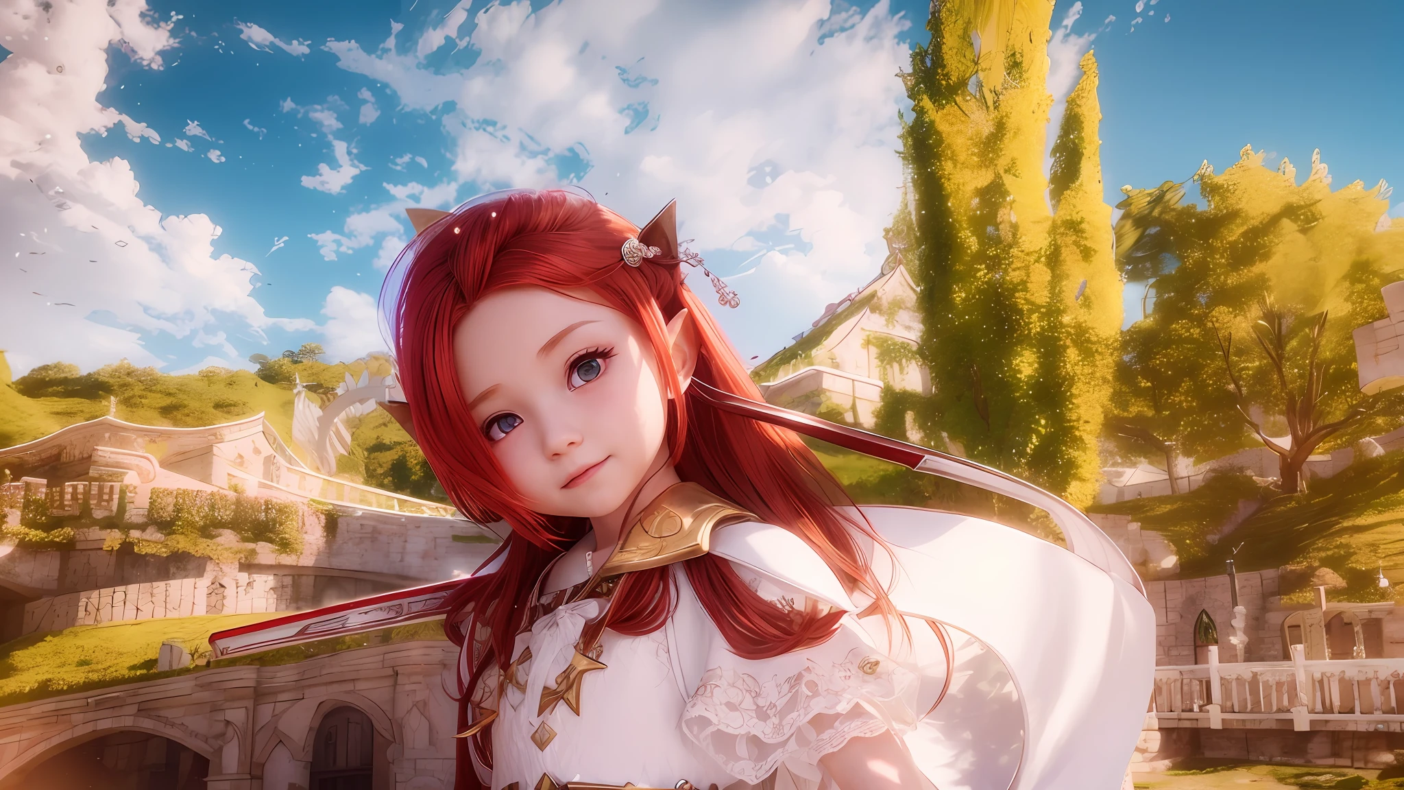 There is a child with red hair and a white dress holding a sword, Lalafell, character with smile, close-up character, beautiful screenshot, highly detailed character, close-up character, she has elf ears and golden eyes, NCSOFT, hyper-detailed fantasy character, elf girl wearing a flower suit, render of a cute 3D anime girl, ultra realistic