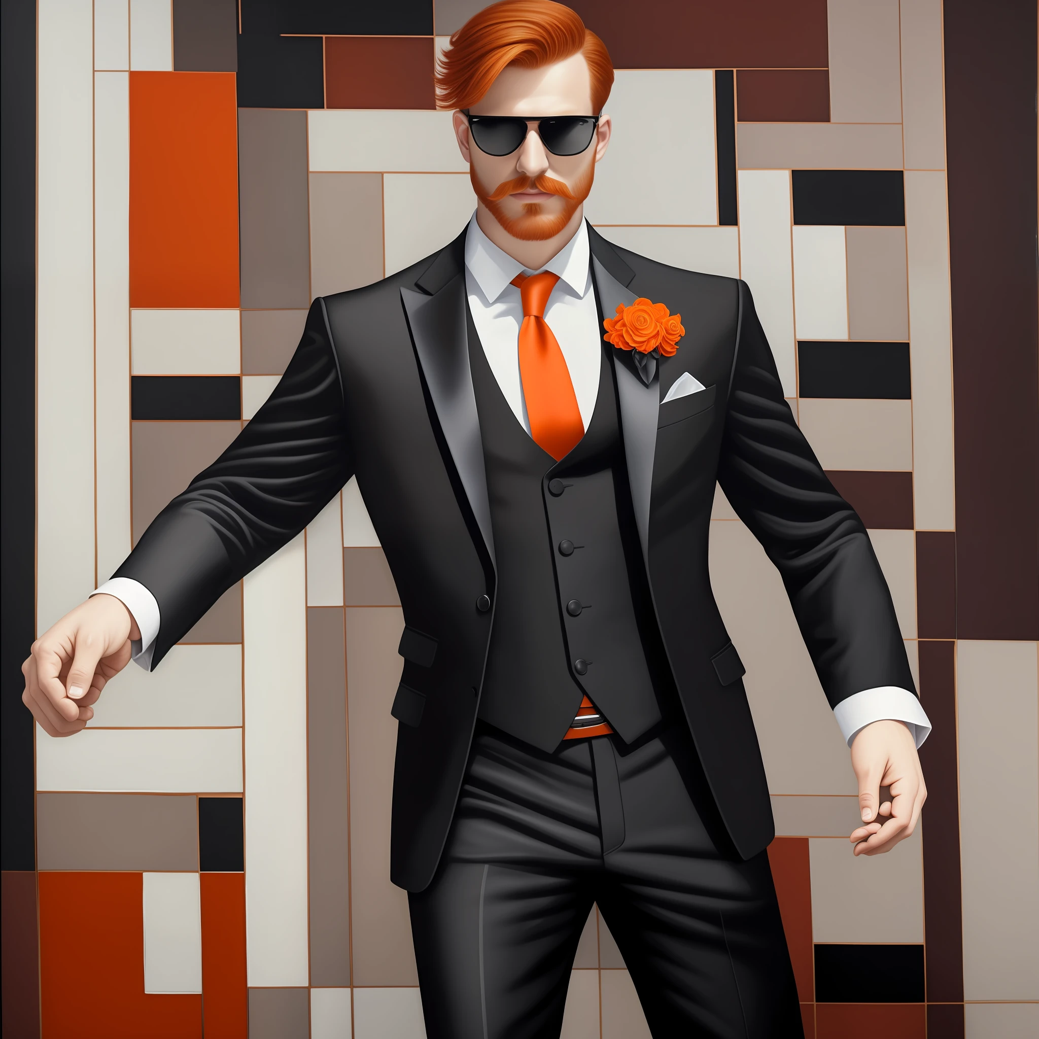 Young man, redhead, orange hair, modern hair, long mustache, short goatee, black semi opaque glasses, strong body, wide shoulders, black suit with thin white stripes, red dress shirt, black suit vest, white lenso blaser pocket, black slim pants, rectangular leather handbag in left hand, full body image (ultra realistic, perfect painting, Masterpiece) (Mafia)