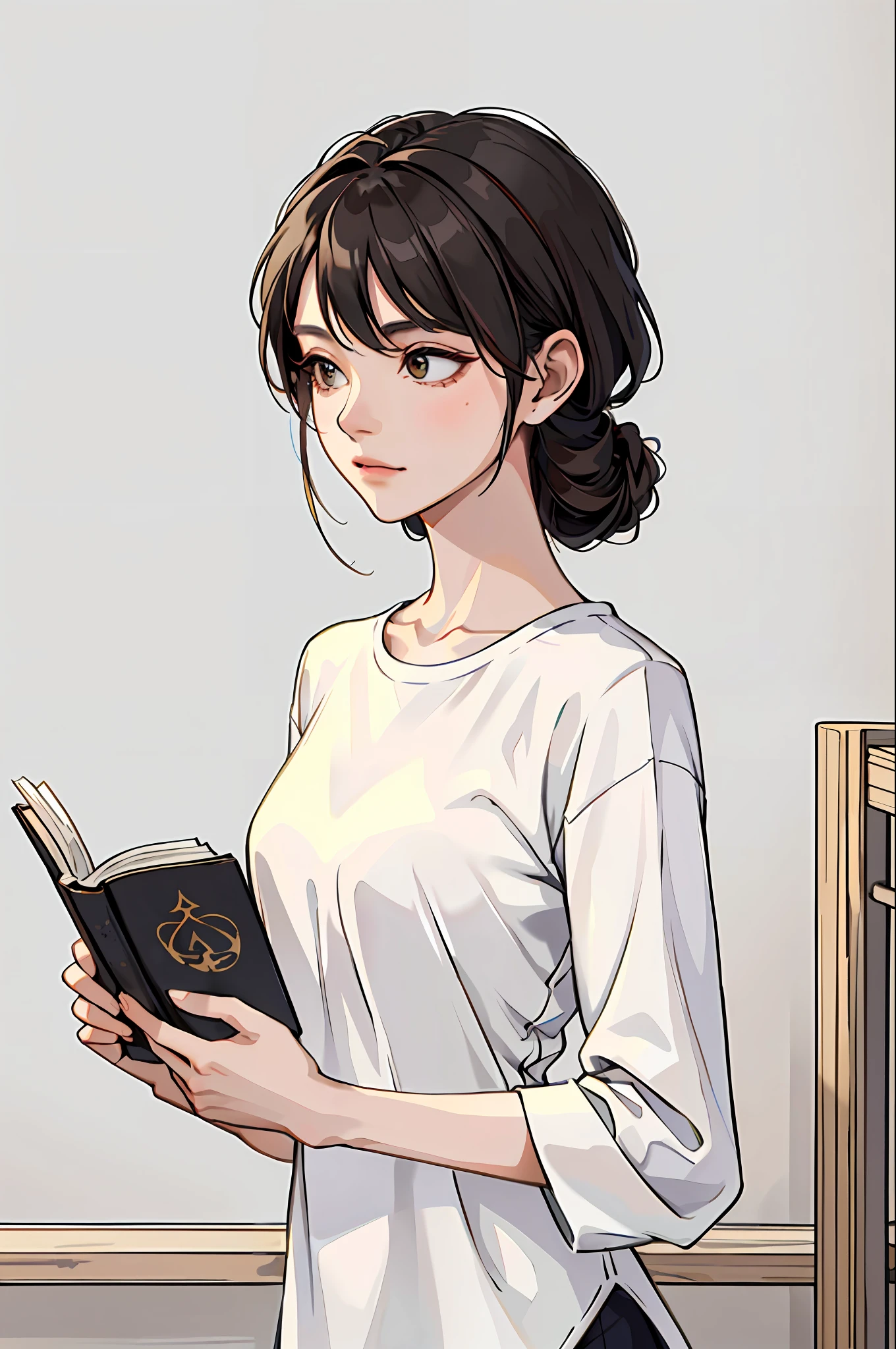 (masterpiece:1.2, best quality), (1lady, solo, upper body:1.2), Clothes: minimal, neutral, high-quality fabrics, Appearance: simple hairstyle, clean makeup, effortless beauty, Behavior: mindful, intentional, contemplative, Location: nature, yoga studios, serene spaces, Hobbies: meditation, reading