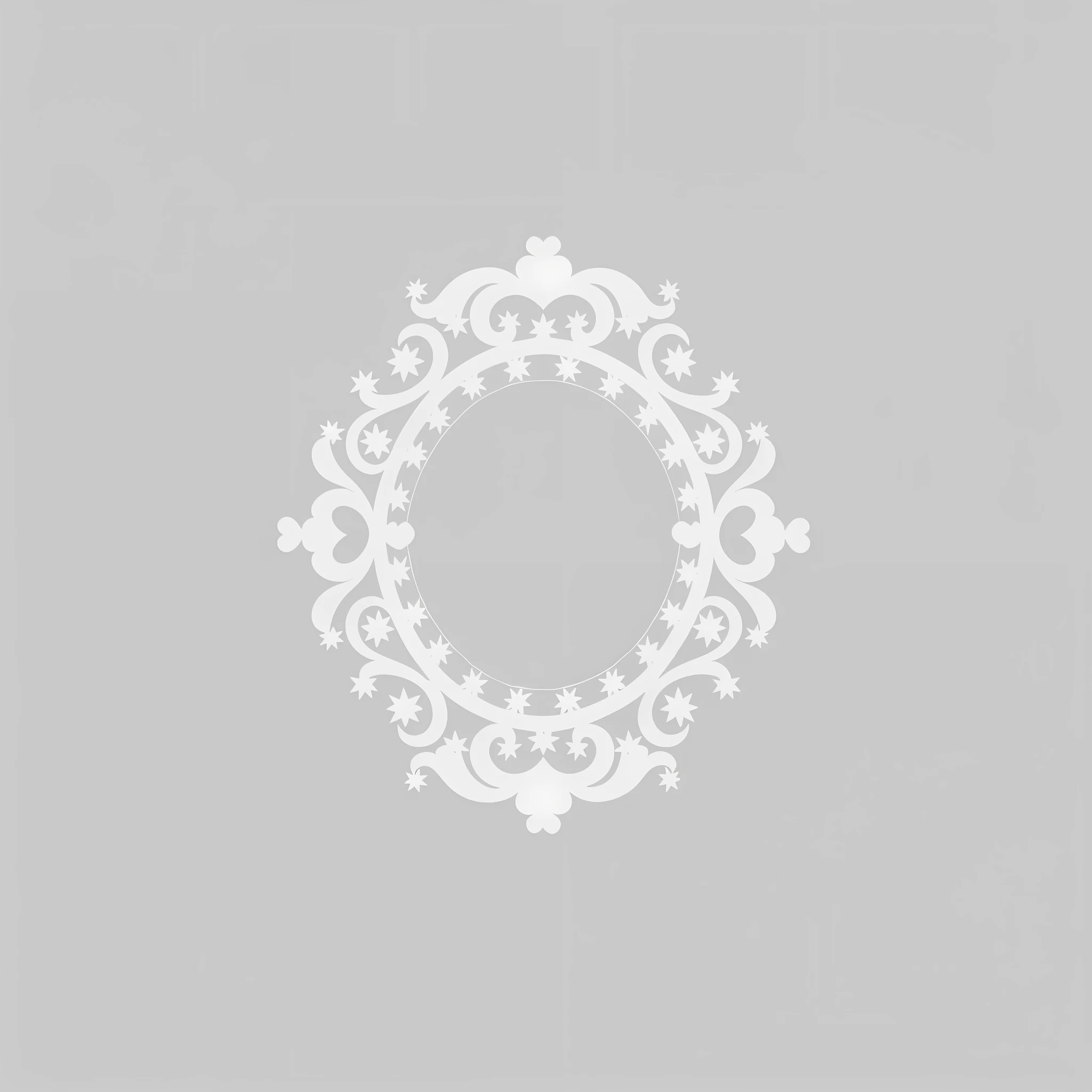 a close up of a white circular frame with stars on it, rococo ornament, filigree frame, white elegant baroque design, ornate border frame, decorative frame, ornate frame, white border frame, intricate ornament halo, white frame border, baroque frame border, mirror background, ornate border, ornamental halo, baroque and rococo ornaments, classical ornament, center frame portrait --auto --s2