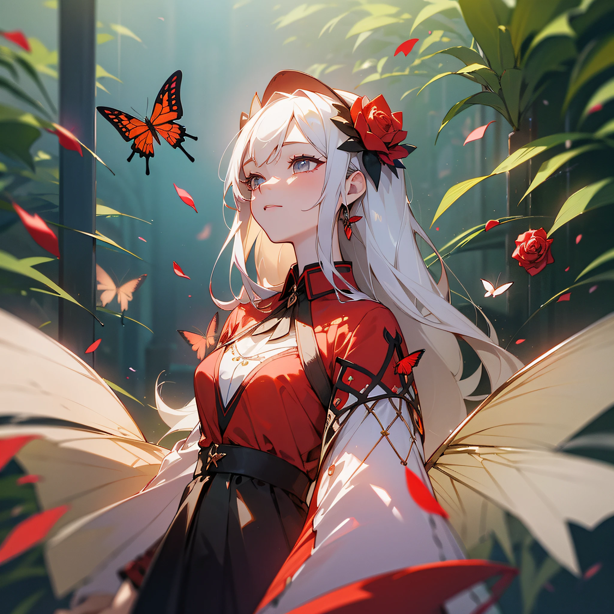((Exquisite details on the other side of the other side fashion style: 1.4 + rendering detail: 1.2), (Fifth personality scene: 1.3)), the main body is a red butterfly, clear texture, double form, (simulation two-dimensional style: 1.2), standing portrait, dressed in the other side fashion, graceful, the background of the picture is the fifth personality scene, red roses, petals flying, full of summer delicate light and shadow. --auto --s2