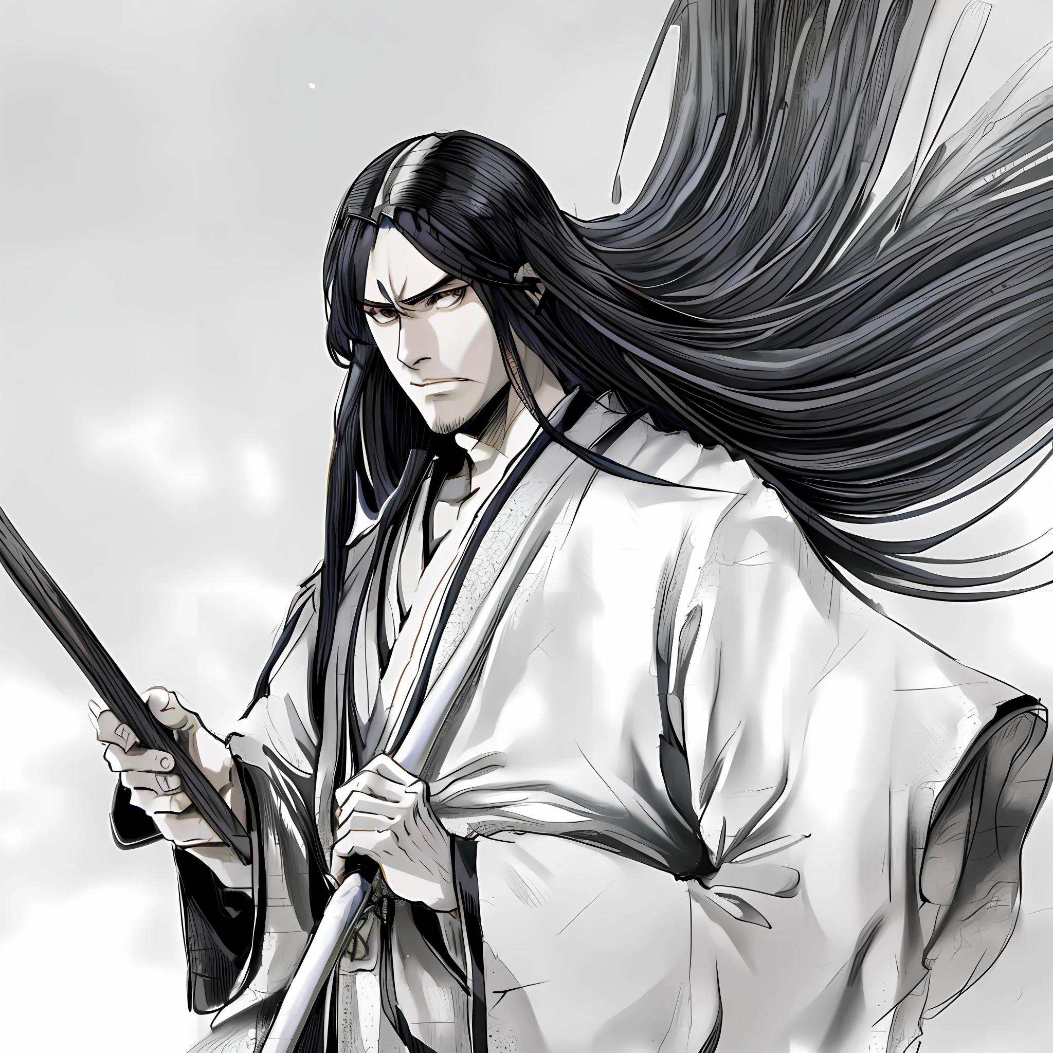 a closeup of a person holding a magic brush in a drawing style, flowing hair and long robes, inspired by Tōshūsai Sharaku, shikanosuke yagaki, inspired by Kanō Sanraku, inspired by Ryūkōsai Jokei, sengoku - art style of the era, masayoshi suto and artgerm