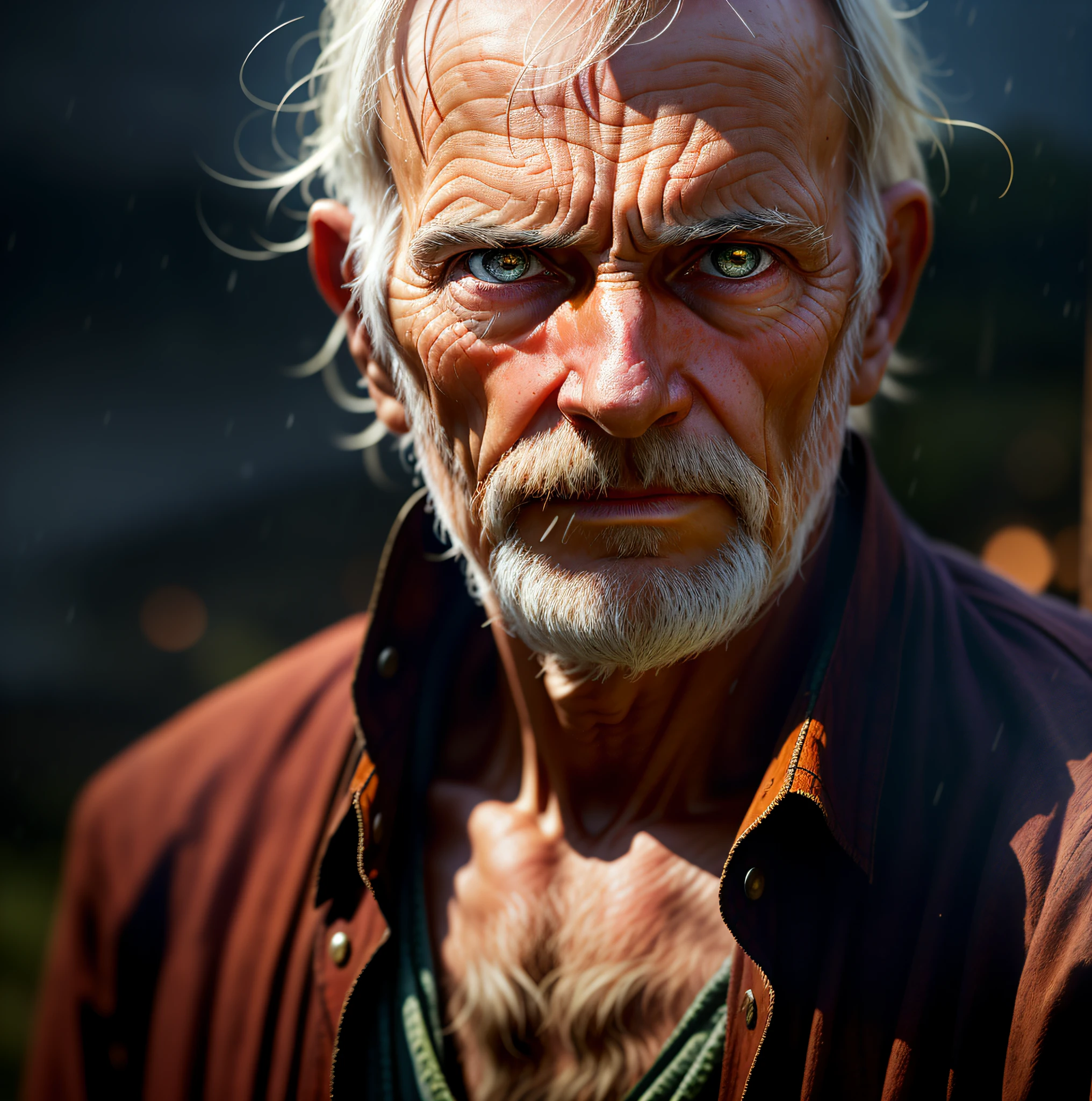 (sharp focus:1.2), an award-winning photo of an old man peasant, water drops, storm outside, lightning backlighting, , lines on face, wrinkles, extremely detailed skin, sadness, hopelessness, bleary eyes,scared face,terror, (deep shadows:1.1), high contrast, beautiful eyes, absurd, 8k, (high quality: 1.3), , artstation hd, concept art, detailed face and body,  Award-winning photography, full body, depth of field, bokeh, 4K, HDR,shoulder sample,sample head