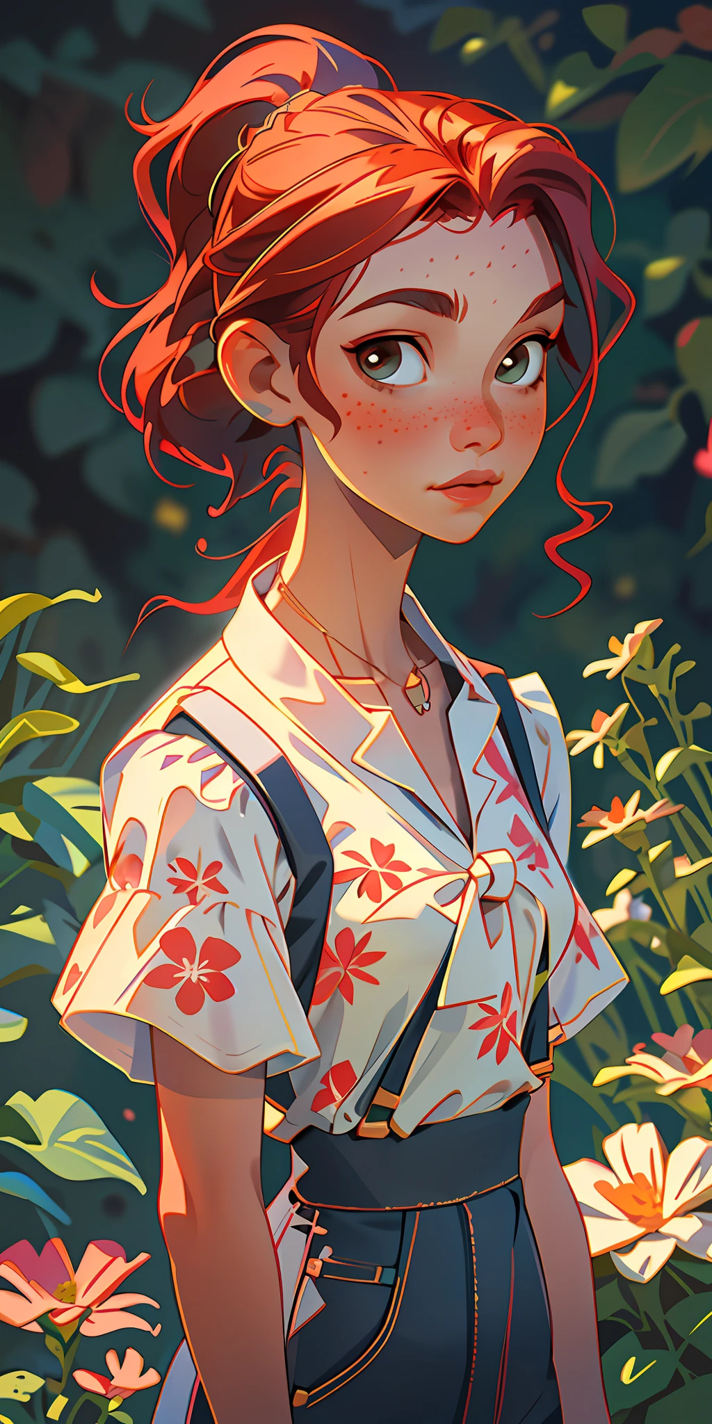 (masterpiece, best quality), 1girl, collarbone, wavy hair, looking at viewer, blurry, upper body, necklace, suspenders, floral print, ponytail, freckles, red hair, sunlight,