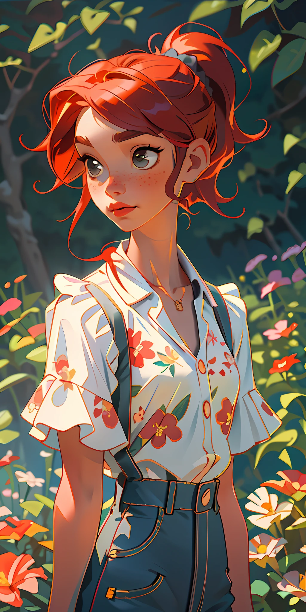 (masterpiece, best quality), 1girl, collarbone, wavy hair, looking at viewer, blurry, upper body, necklace, suspenders, floral print, ponytail, freckles, red hair, sunlight,