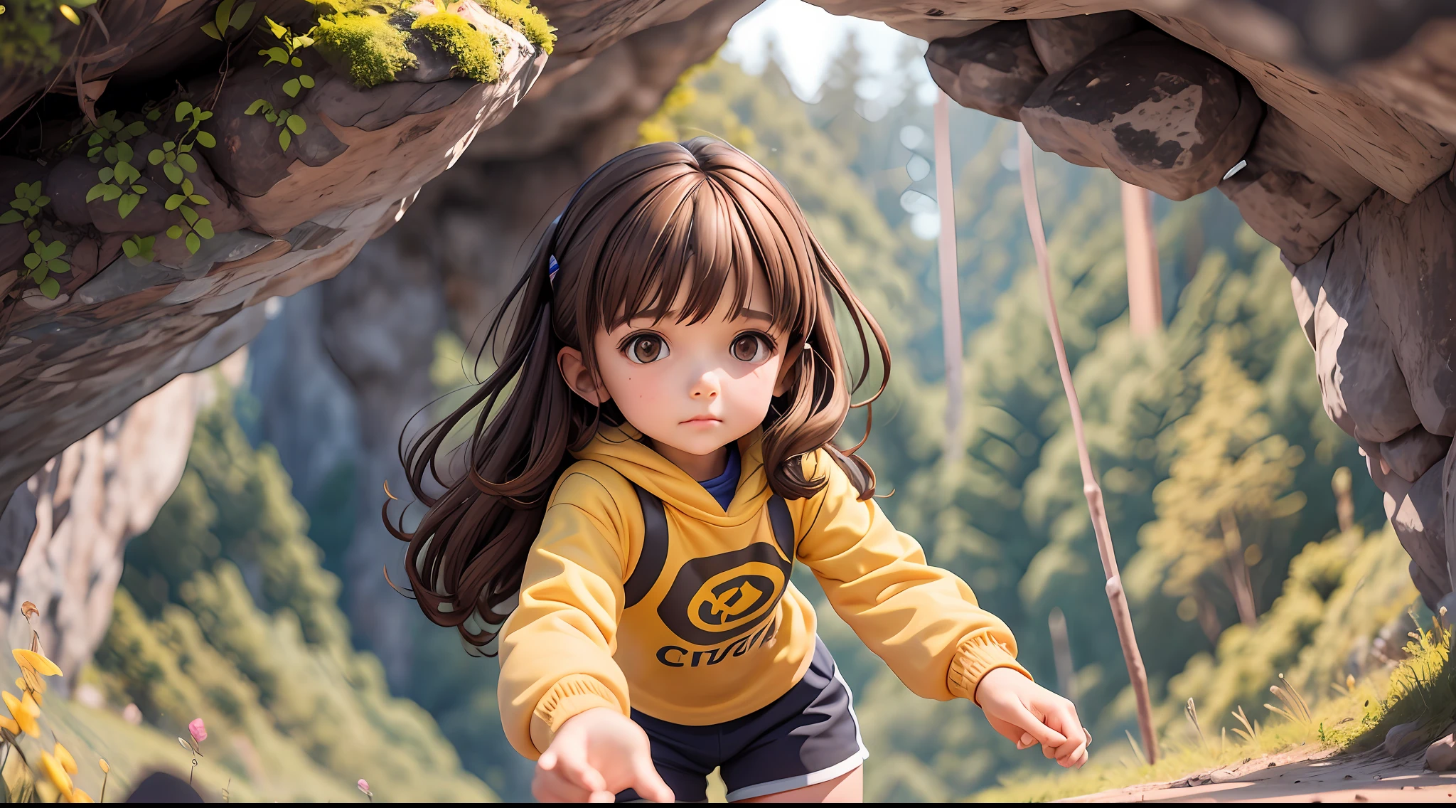 7-year-old girl in yellow sweatshirt, dark brown hair curo, reaching out offering help, setting of a dark cave