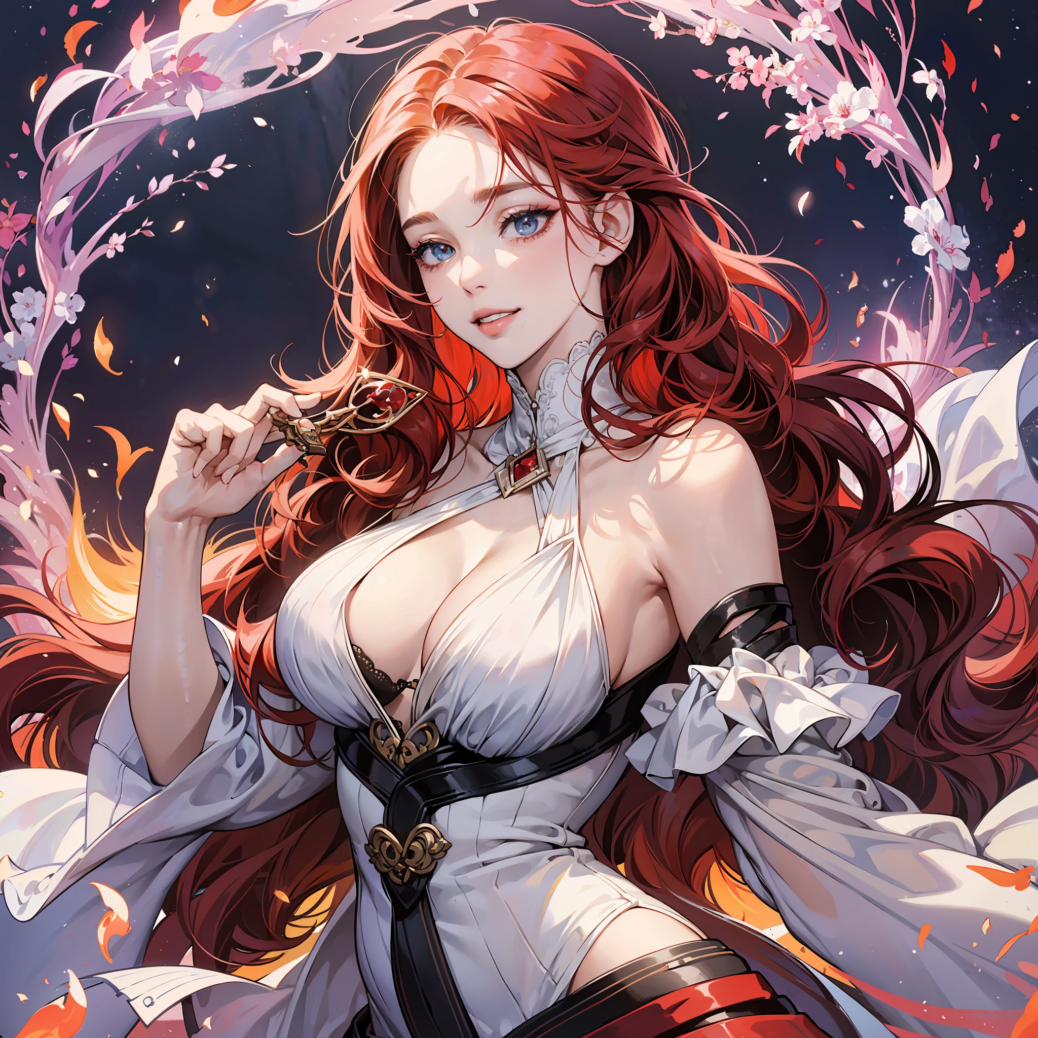 The red-haired woman was stunning, with flaming, wavy hair that fell over her shoulders, contrasting wonderfully with her delicate white skin. Her intense, mesmerizing eyes reflected mystery, while her fleshy, perfectly drawn lips conveyed a captivating smile. Her curvy silhouette was a work of art, enhanced by a flowing dress that revealed her dazzling figure, emanating a natural sensuality and magnetic confidence. --auto --s2