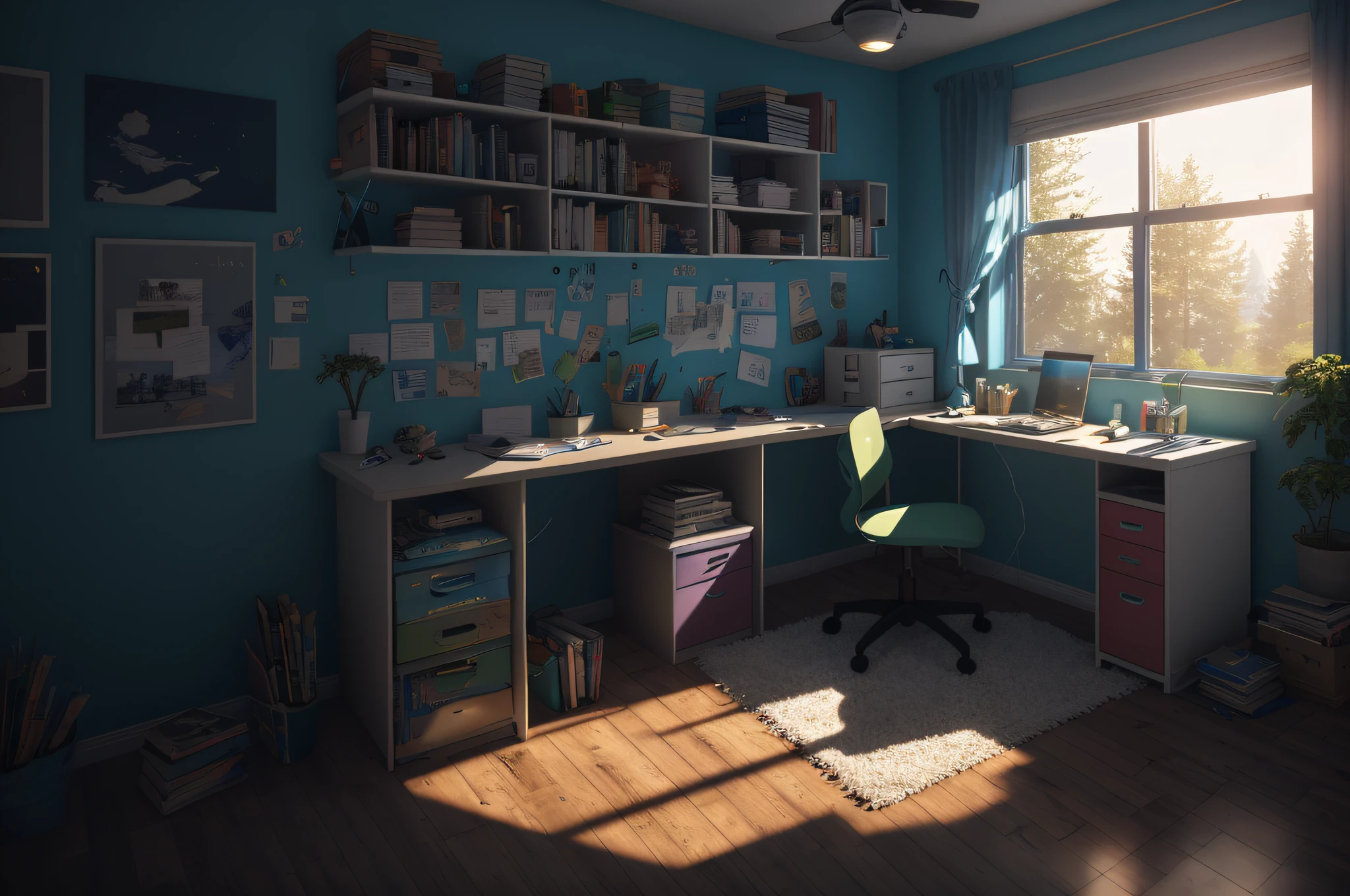 Create a cartoon image of a slightly messy teenage girl's room with a desk, computer, and a book on top. The room should have a dark ambiance with good lighting. Include a slightly messy bed and a window with moonlight streaming through. Cinematic lighting, Unreal Engine 5,  Cinematic, Color Grading, Editorial Photography, Photoshoot, Shot on 70mm lense, Depth of Field, DOF, Tilt Blur, Shutter Speed 1/1000. F/22, White Balance, 32k, Super-Resolution, Megapixel, ProPhoto RGB. VR, tall, epic, artgerm, alex ross, Halfrear Lighting, Backlight, Natural Lighting, Incandescent, Optical, Fiber, Moody, Lighting, Cinematic, Lightning, Studio Lightning, Soft Lightning, Volumetric, Contre-Jour, dark Lighting, Accent Lighting, Global Illumination, Screen Space Global Illumination, Ray Tracing, Global Illumination, Red Rim light, cool color grading 45%. Optics, Scattering, Glowing, Shadows, Rough, Shimmering, Ray Tracing Reflections, Lumen Reflections, Screen Space Reflections, Diffraction Grading, Chromatic, Aberration, GB Displacement, Scan Lines, Ray Traced, Ray Tracing Ambient Occlusion, Anti-Aliasing, FKAA, TXAA, RTX, SSAO, Shaders, OpenGL-Shaders, GLSL-Shaders, Post Processing, Post-Production, Cel Shading, Tone Mapping, CGI VFX, SFX, insanely detailed and intricate, hypermaximalist, elegant, hyper realistic, supee detailed, dynamic pose, centered, photography