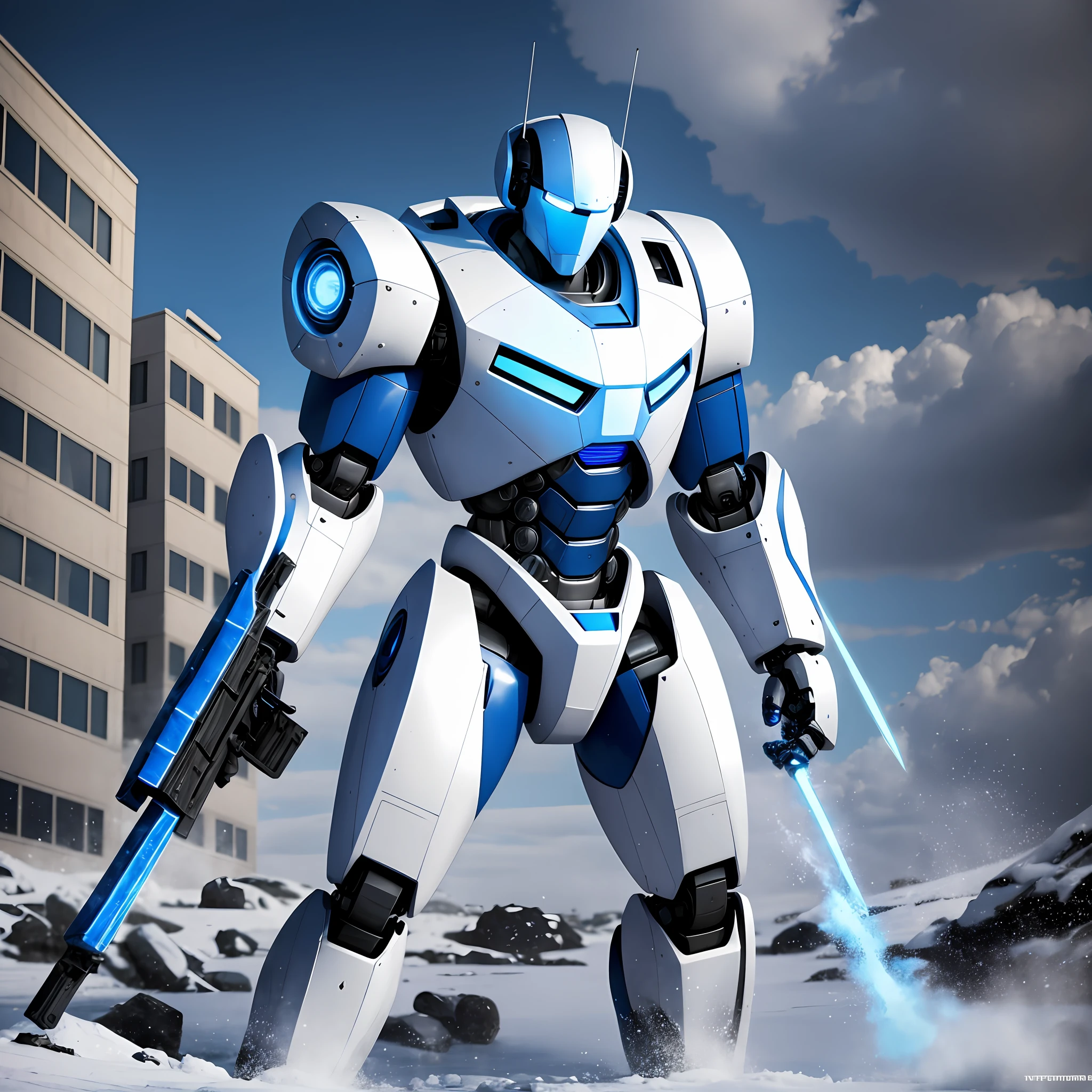 "A heroic and realistic photograph of an American robot of blue and white colors in arctic tones, with full body and a vivid weapon. The environment is obscene and cruel, with the robot being portrayed as a ruthless killer." (en)