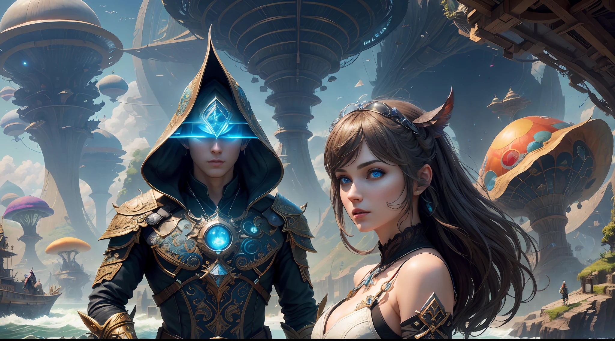 (((Multiplayer, Vivid Eyes, Man and Woman))), Best Quality, Realistic, Realistic, Award-Winning Illustrations, (Intricate Details: 1.2), (Fine Details), (Intricate Details), (Cinematic Light, Best Quality Backlight), Clear Lines, Sharp Focus, Official Art, Unity 8k Wallpapers, Ridiculous, Incredibly Absurd, Fantasy Art, (((Full Body Portrait))), RTX, ((Award-winning Triangle Studio Close-up Photo)), 1 couple, (shut up), best quality, 4K, beautiful mysterious creatures, female, flying, surrealism, masterpiece by ncwinters, in a mysterious country town, masterpiece, intricate details, ff14style, urban painting, bridge, river, giant mushroom, landscape, bright colors,