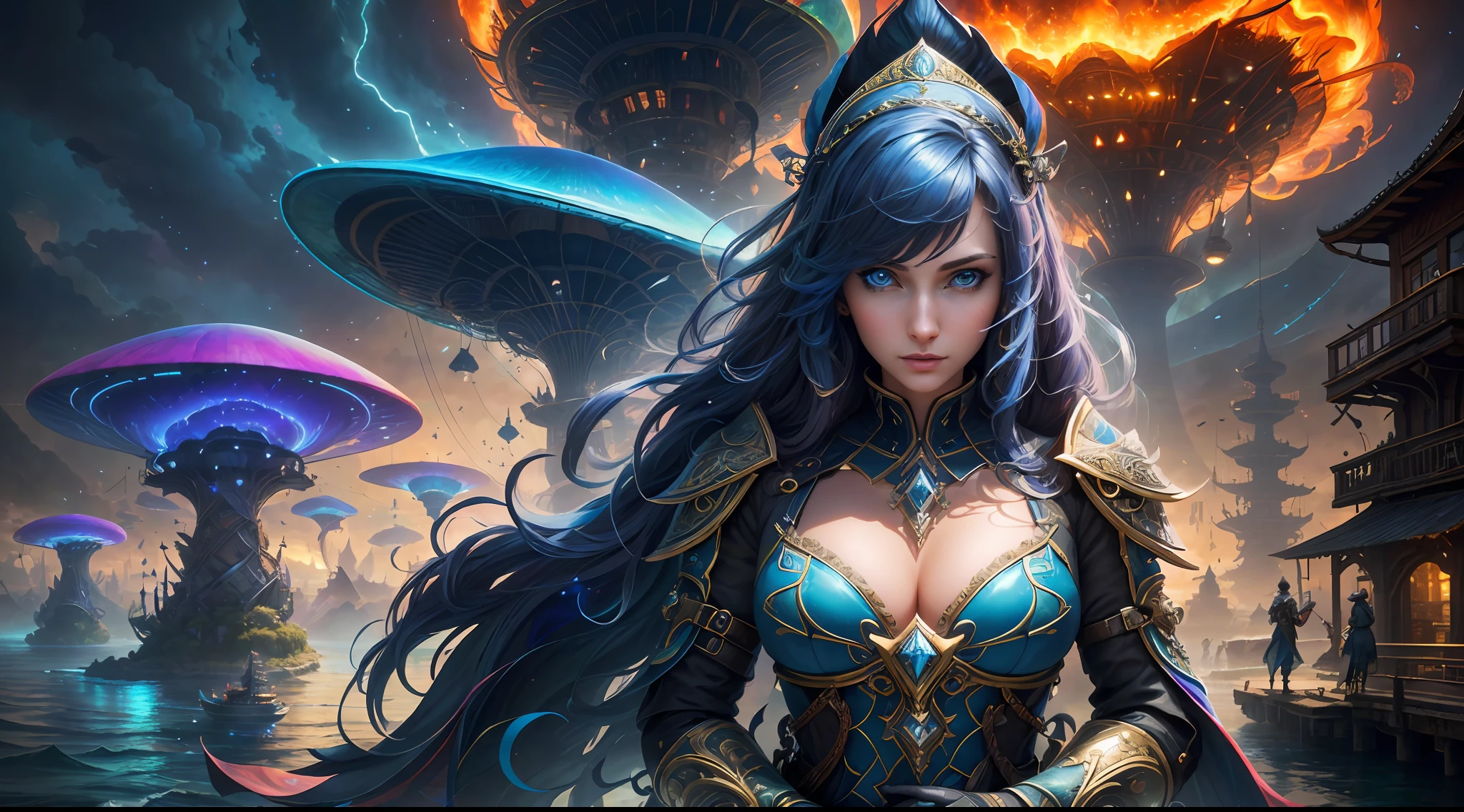 (((Multiplayer, Vivid Eyes, Man and Woman))), Best Quality, Realistic, Realistic, Award-Winning Illustrations, (Intricate Details: 1.2), (Fine Details), (Intricate Details), (Cinematic Light, Best Quality Backlight), Clear Lines, Sharp Focus, Official Art, Unity 8k Wallpapers, Ridiculous, Incredibly Absurd, Fantasy Art, (((Full Body Portrait))), RTX, ((Award-winning Triangle Studio Close-up Photo)), 1 couple, (shut up), best quality, 4K, beautiful mysterious creatures, female, flying, surrealism, masterpiece by ncwinters, in a mysterious country town, masterpiece, intricate details, ff14style, urban painting, bridge, river, giant mushroom, landscape, bright colors,