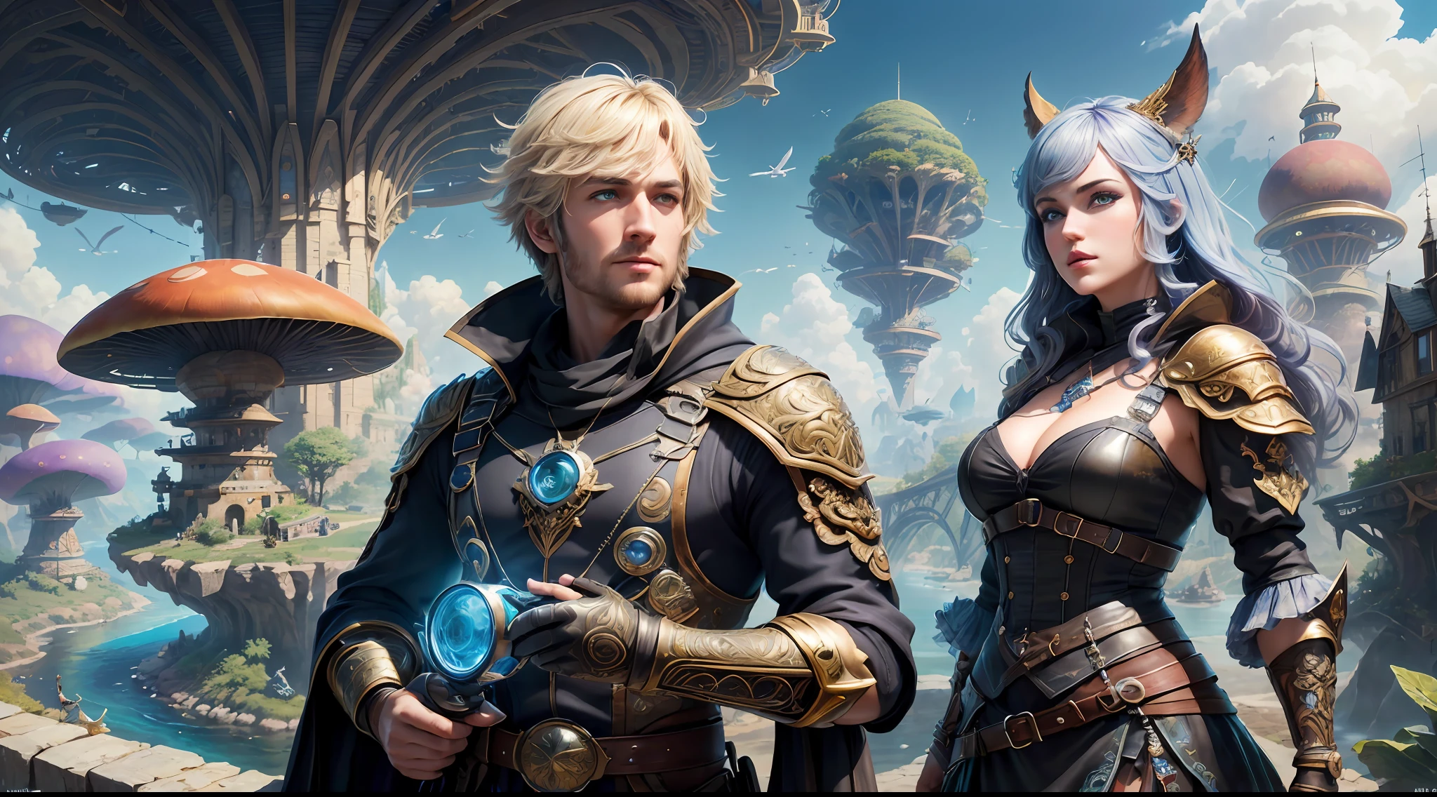 (((Multiplayer, Vivid Eyes, Man and Woman))), Best Quality, Realistic, Realistic, Award-Winning Illustrations, (Intricate Details: 1.2), (Fine Details), (Intricate Details), (Cinematic Light, Best Quality Backlight), Clear Lines, Sharp Focus, Official Art, Unity 8k Wallpapers, Ridiculous, Incredibly Absurd, Fantasy Art, (((Full Body Portrait))), RTX, ((Award-winning Triangle Studio Close-up Photo)), 1 couple, (shut up), best quality, 4K, beautiful mysterious creatures, female, flying, surrealism, masterpiece by ncwinters, in a mysterious country town, masterpiece, intricate details, ff14style, urban painting, bridge, river, giant mushroom, landscape, bright colors,