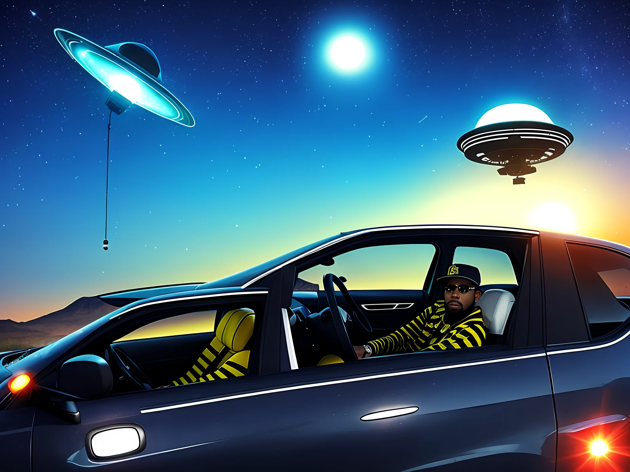 A rapper driving a car, at night, UFO in the sky