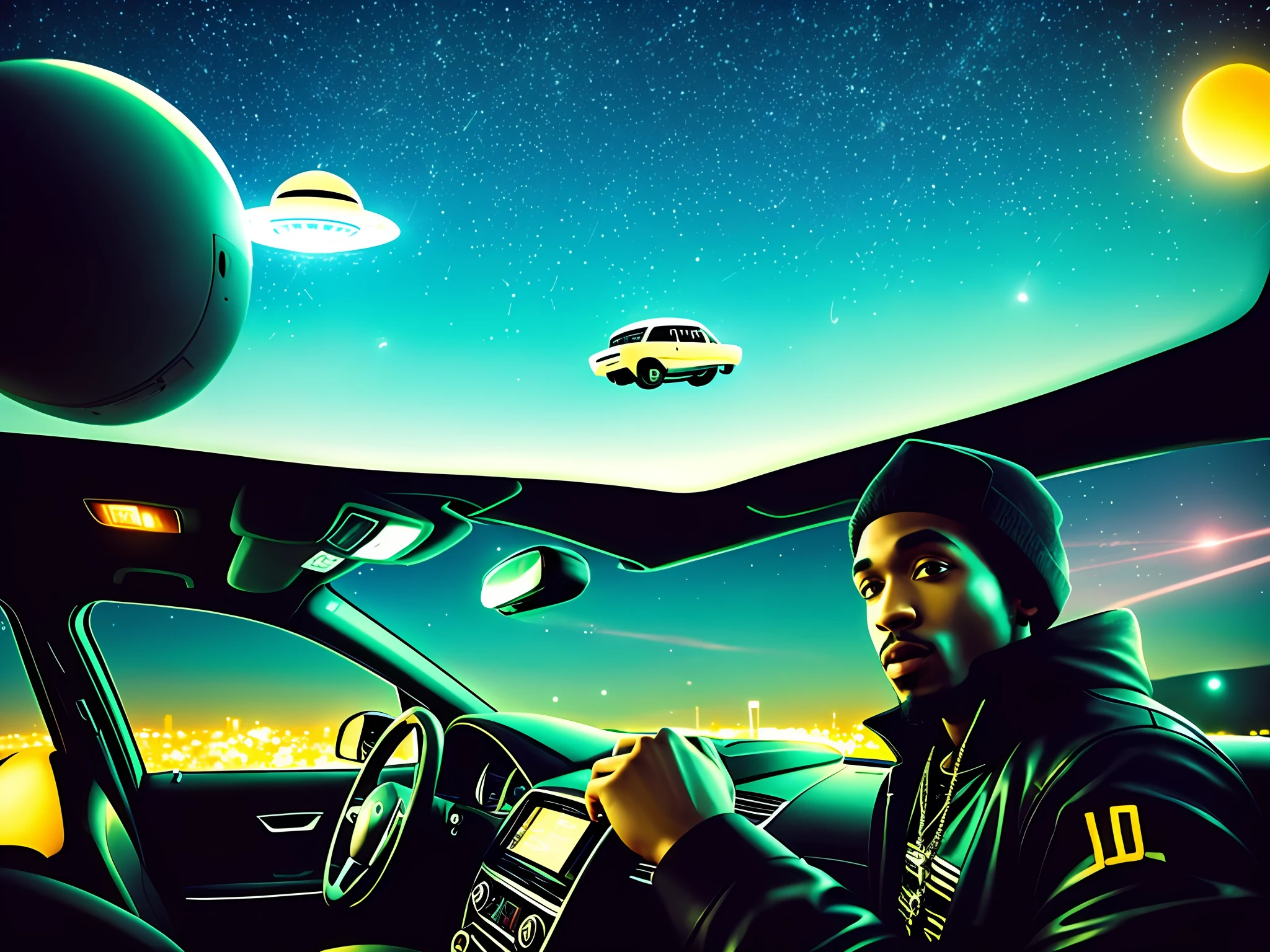 A rapper driving a car, at night, UFO in the sky
