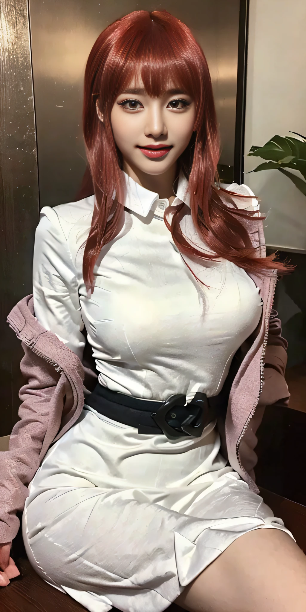 ((Best Quality, 8K, Masterpiece: 1.3,UHD:1.3)), ((Medium shot) of a Pretty korean woman 18 years old), 1girl,extremely detailed face, extremely detailed eyes, (red long hair with korean bangs) , looking at viewer, double eyelid, medium breasts, flirty smile,cleavage, solo focus,(long white bodycon dress:1.3),red jacket, belt,  sitting inside a coffe shop with big windows ,abs,arms inside the jacket