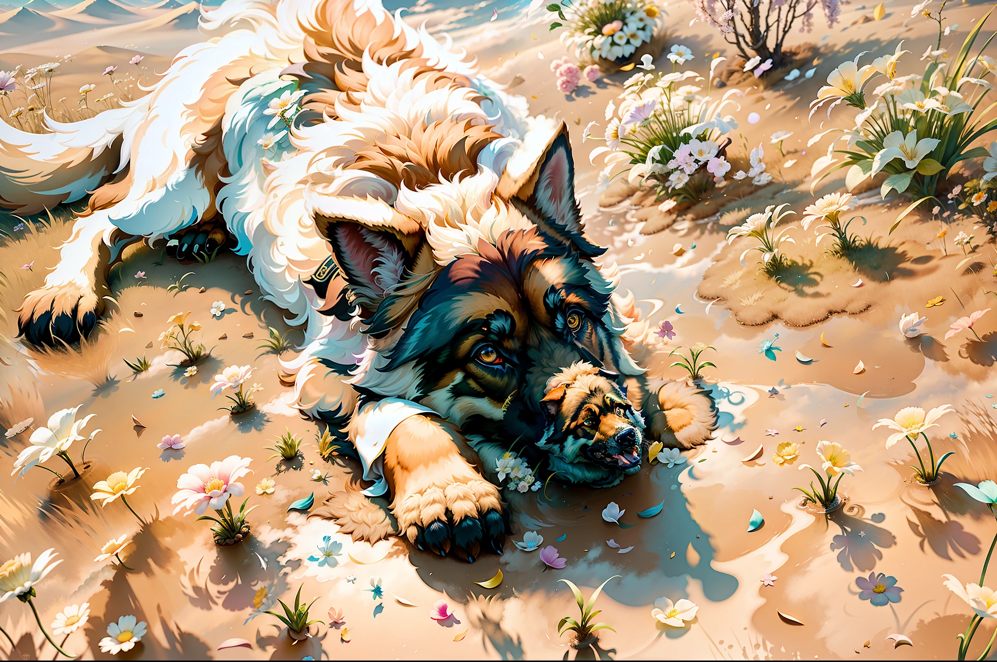 Masterpiece, best quality, (very detailed CG unity 8k wallpapers), (best quality), (best illustrations), (best shadows),((a german shepard with wings)),,full shot,fluffy hair, anthropomorphic expressions, rich colors, exquisite details, masterpiece, realistic,artsation, cg, realistic, Unreal Engine , real light and shadow, beautiful rich colors, amazing details, high quality,clouds, heavens, pastel colors, vanilla sky