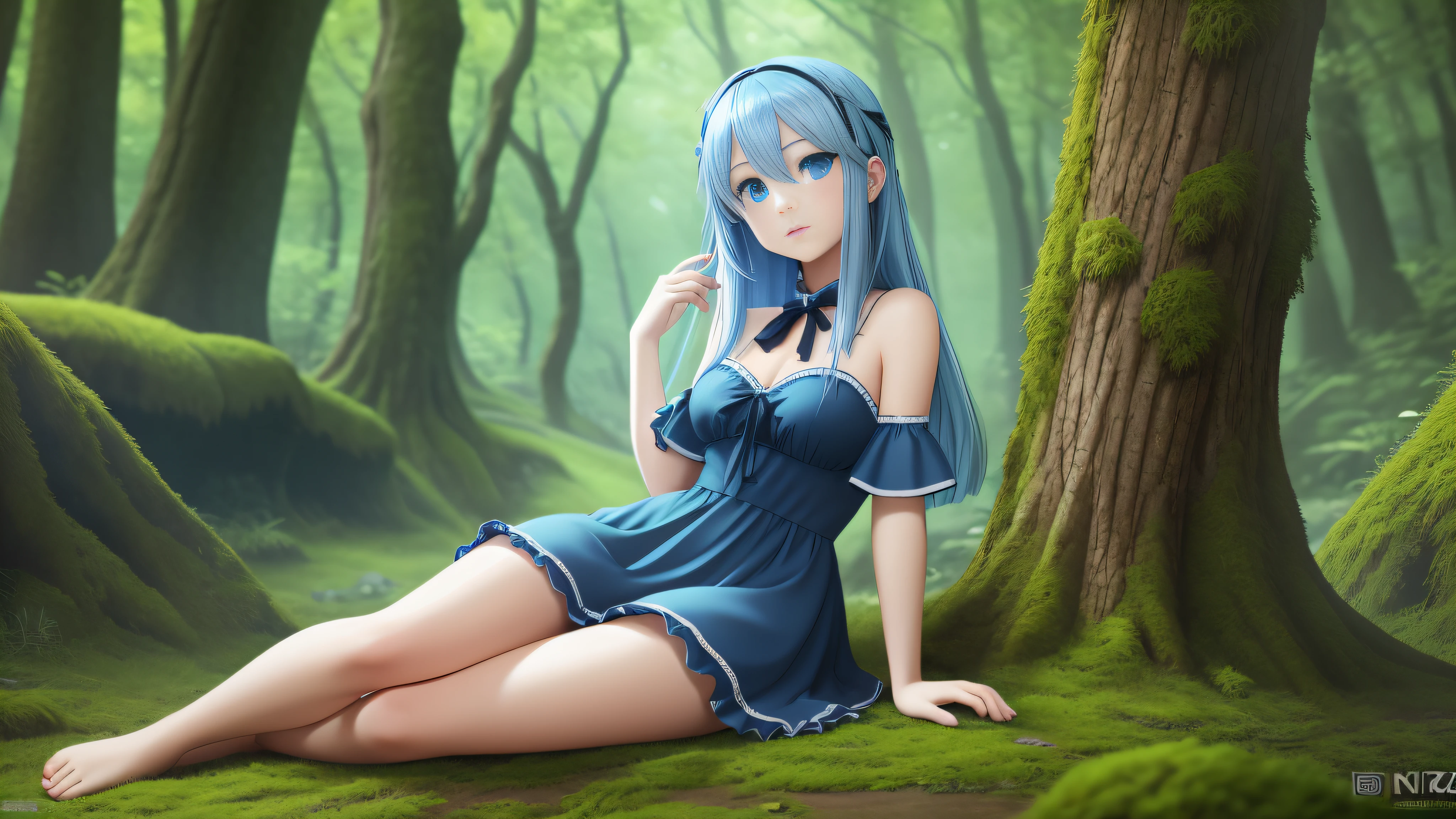 show full-body, a barefoot young anime girl with blue hair, blue eyes, and a blue dress sits on a mossy green rock in a green forest, chiaroscuro, hyperrealism, luminism, hd, very detailed, 4k, 8k, shot on a Nikon Z7 II and Nikon NIKKOR Z 105mm f/2.8 VR S, best quality, detailed face, detailed eyes, detailed pupils, detailed clothes and features, clear background