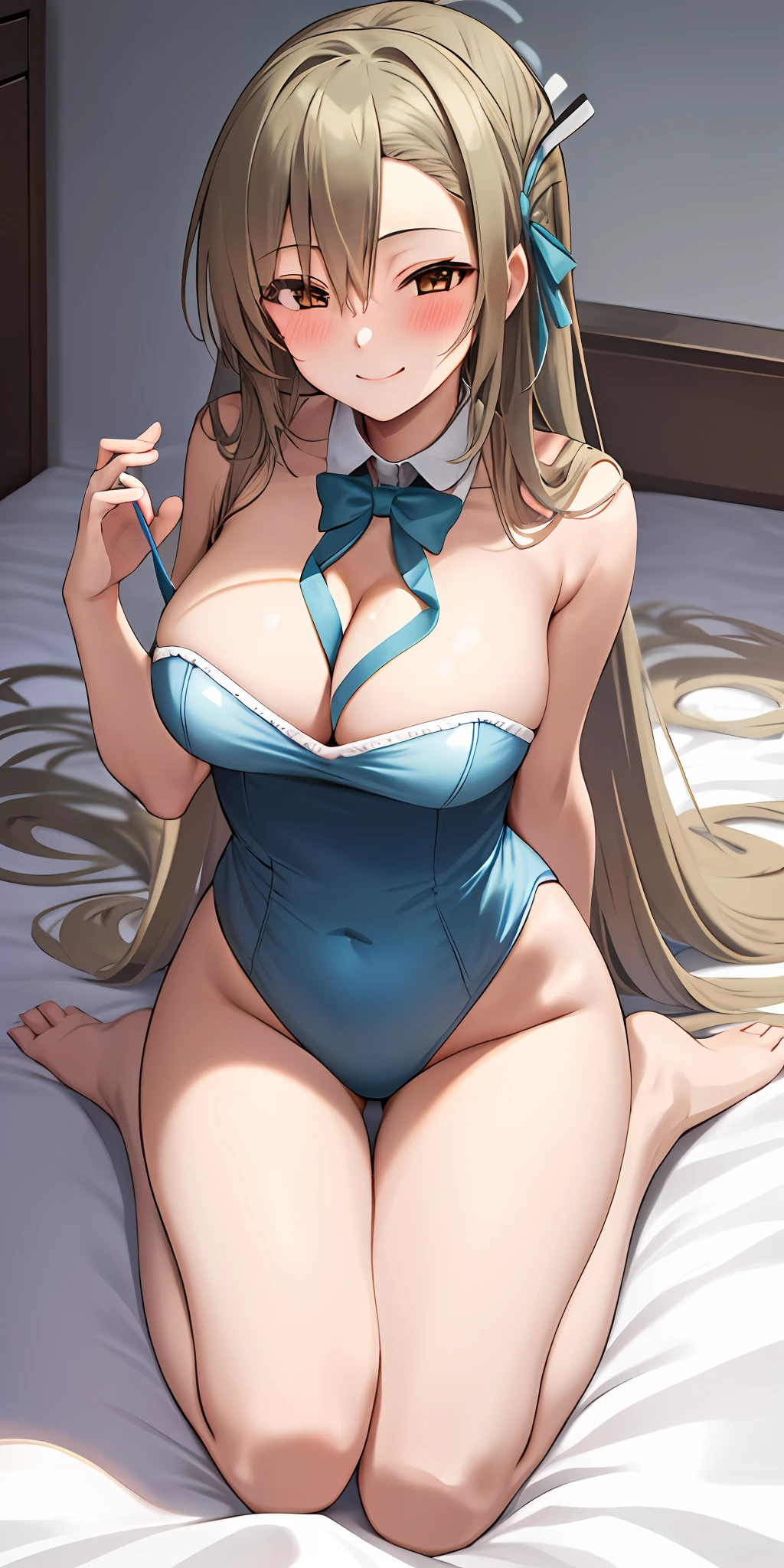 1girl, solo, asuna, long hair, large breasts, cleavage, bunnysuit, thighs, smiling, kneeling on bed, (blushing:1.3), (from above view)