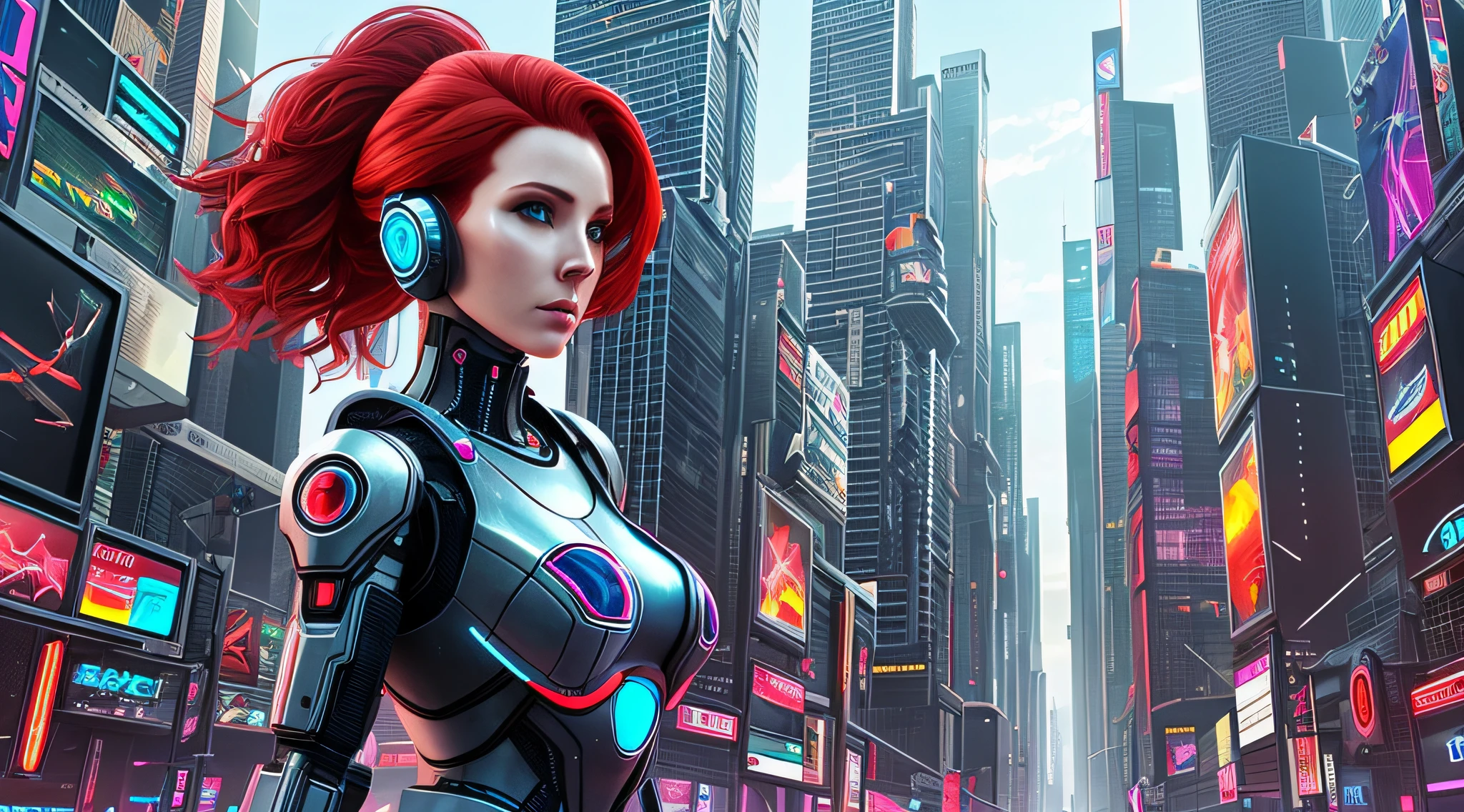 Robotic woman cyberpunk red hair futuristic city in the background photorealistic --auto --s2