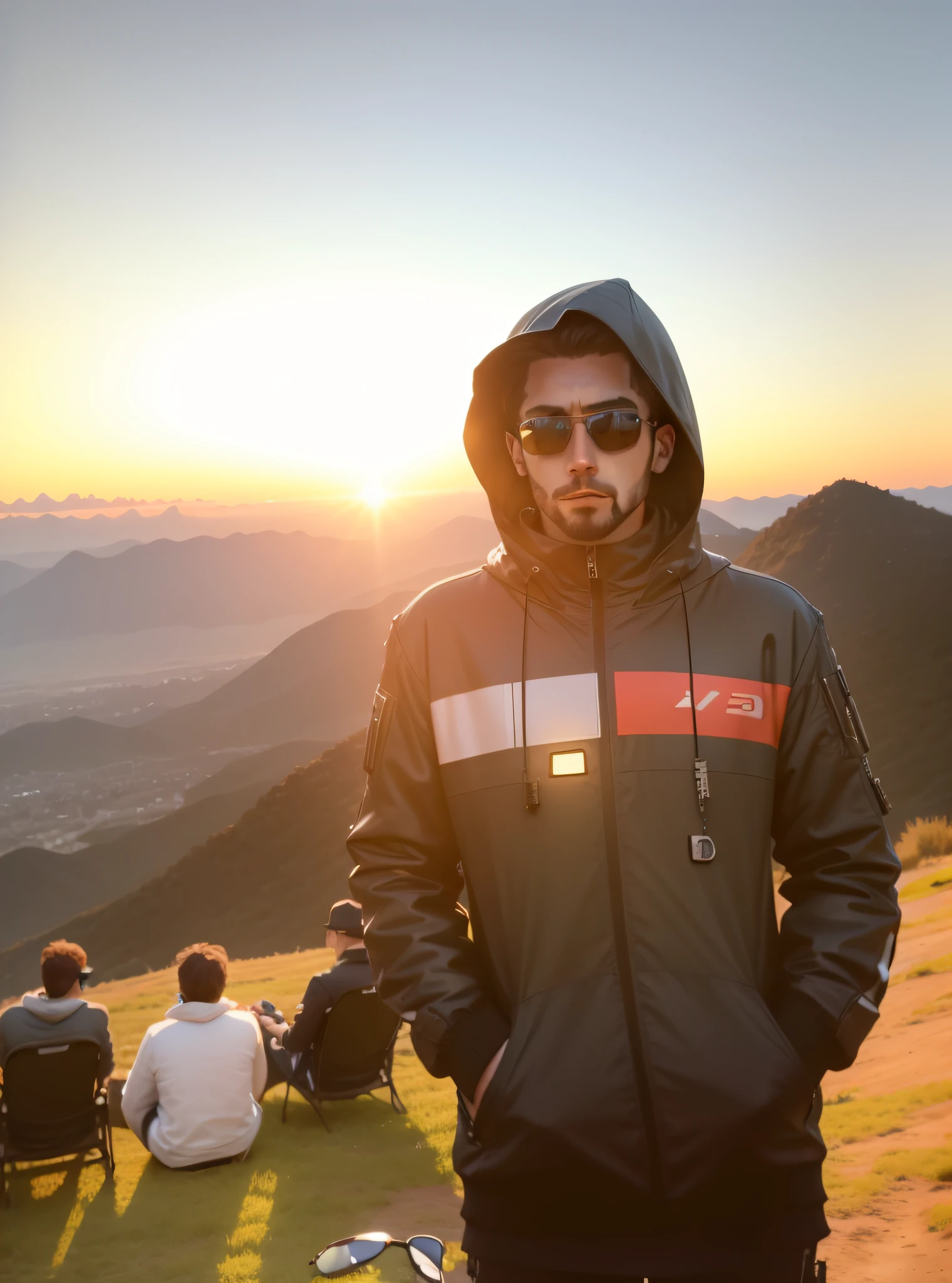 (ultra HD image), futuristic background landscape, in the sky a large airship, technological clothes, (sunglasses with bitcoin necklace) --auto --s2