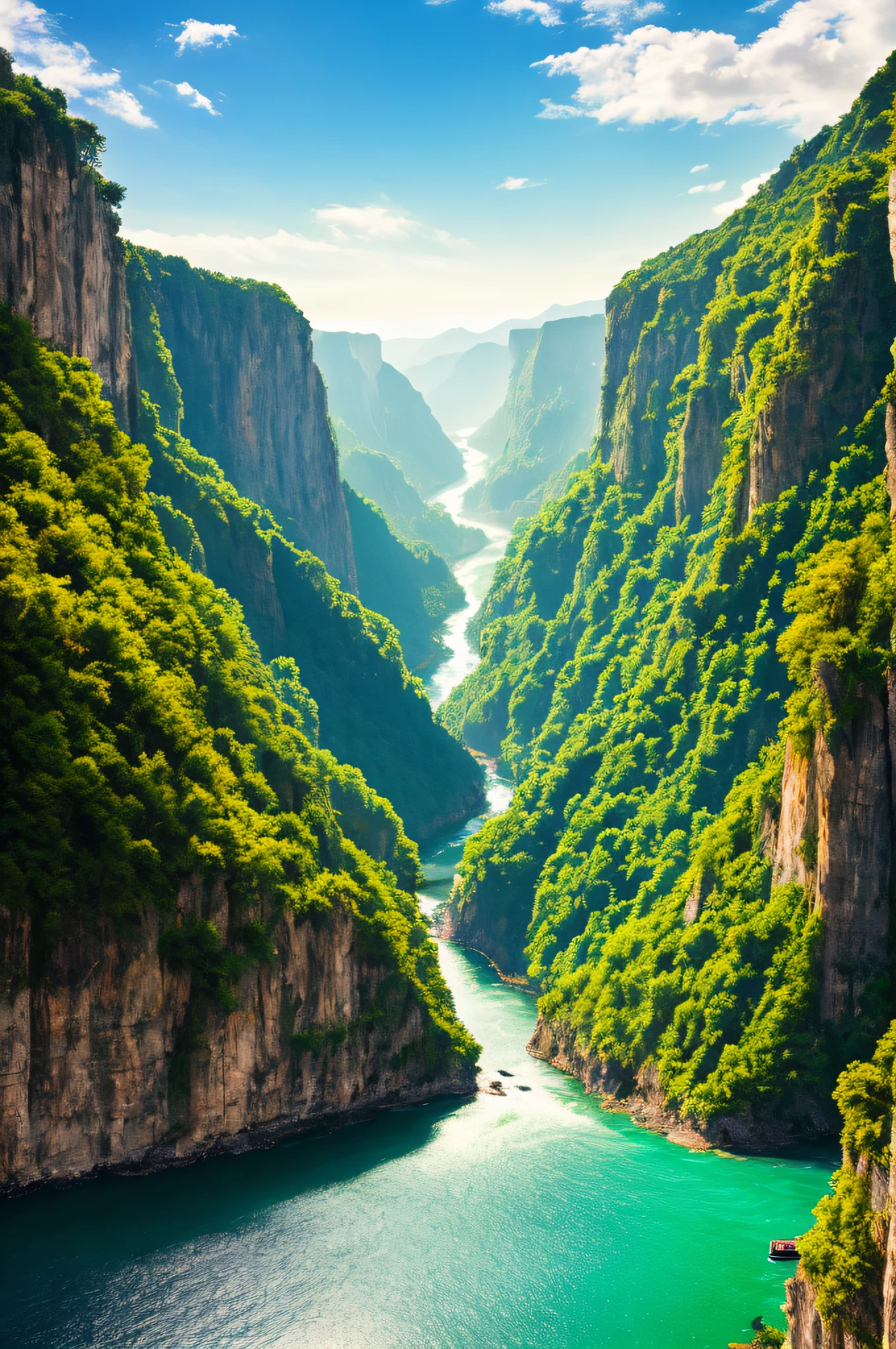 Masterpiece, ultimate quality, Cg unity 8k wallpaper, super delicate, beautiful sky and clouds, rich natural scenery, cliffs, lakes and rivers, waterfalls and flying water, beautiful green mountains, no trace of people, excellent scenery, has already won a photo contest, background Blurring, full depth of field, HDR high dynamics, true restoration, intricate, extreme details, dramatic presentation, perfectly presenting the style of midjourney art.