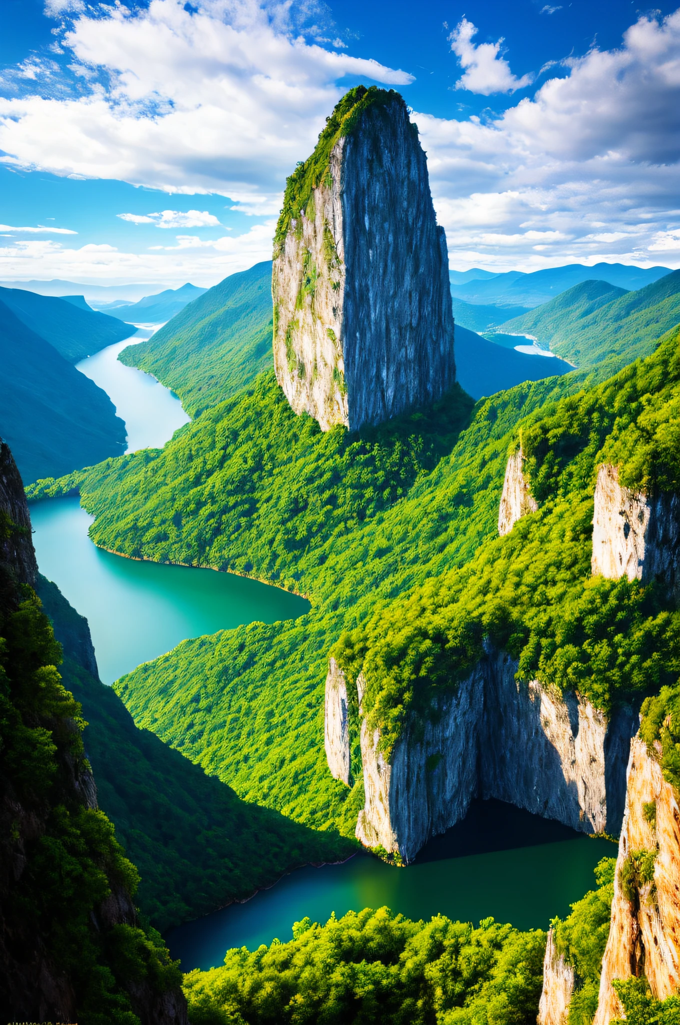 Masterpiece, ultimate quality, Cg unity 8k wallpaper, super delicate, beautiful sky and clouds, rich natural scenery, cliffs, lakes and rivers, waterfalls and flying water, beautiful green mountains, no trace of people, excellent scenery, has already won a photo contest, background Blurring, full depth of field, HDR high dynamics, true restoration, intricate, extreme details, dramatic presentation, perfectly presenting the style of midjourney art.