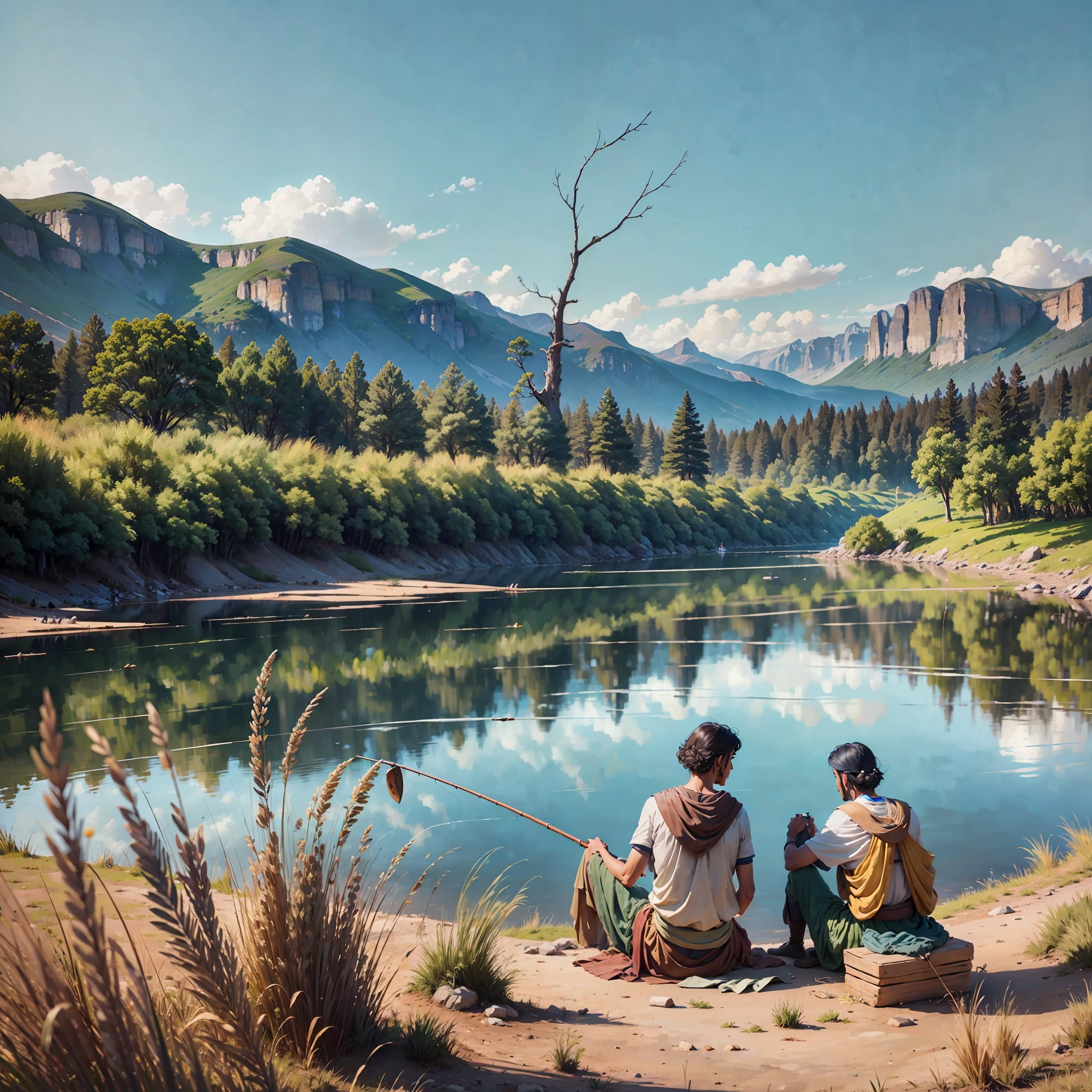 Photograph ,land with small grasses, river , blue mountains in background, blue sky with some clouds, some trees are on land , beautiful sight, good quality, high detail , 8k , masterpiece , Photograph, bronze Age , 1200 BC two young farmers are sitting under the tree and fishing at the river with fishing rods --auto --s2