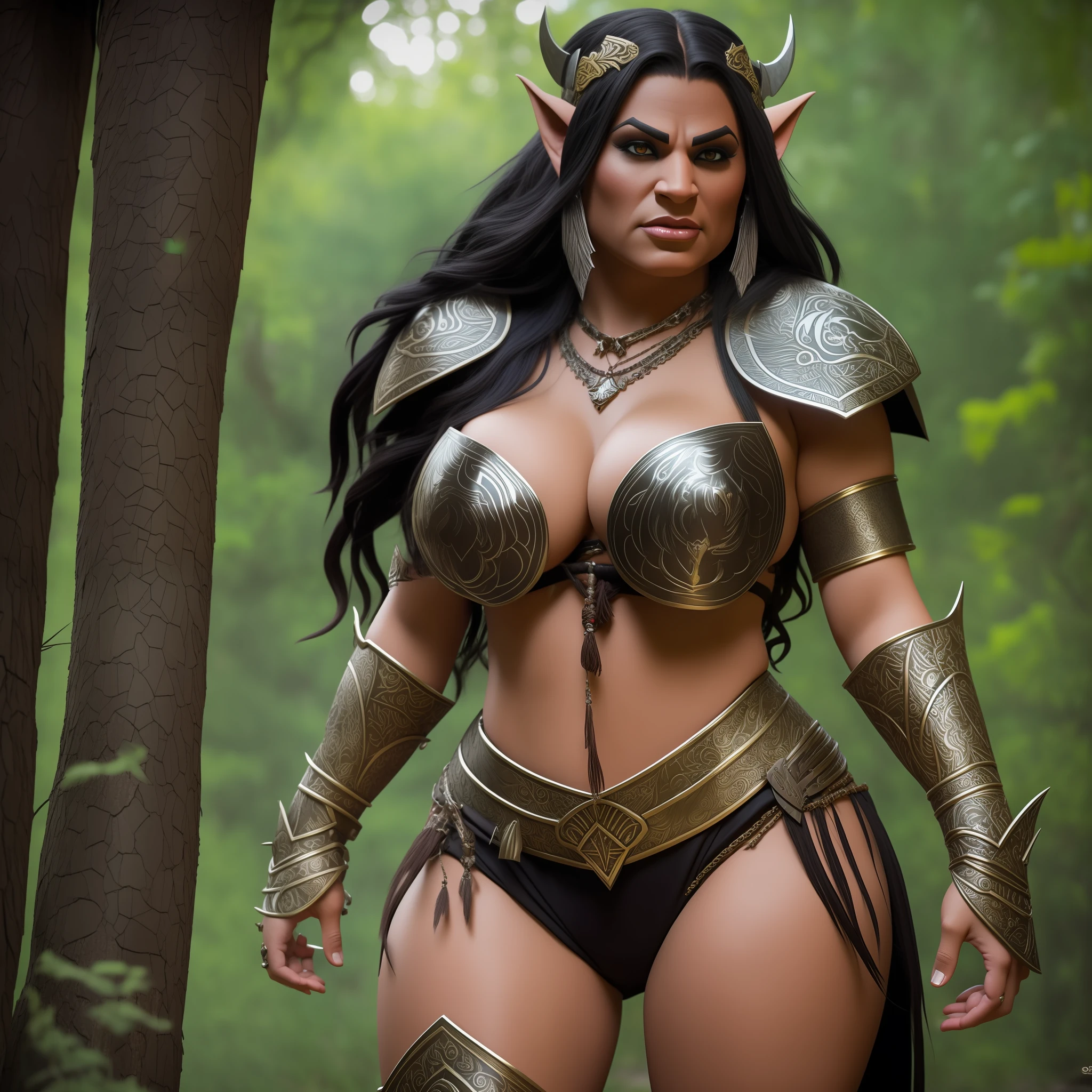 beautiful female half orc, with big thighs, nice hips, nice waist, big breasts, flowing hair, wearing animal skin clothes, iron armor and adorned with animal bones, 8k ultra realistic