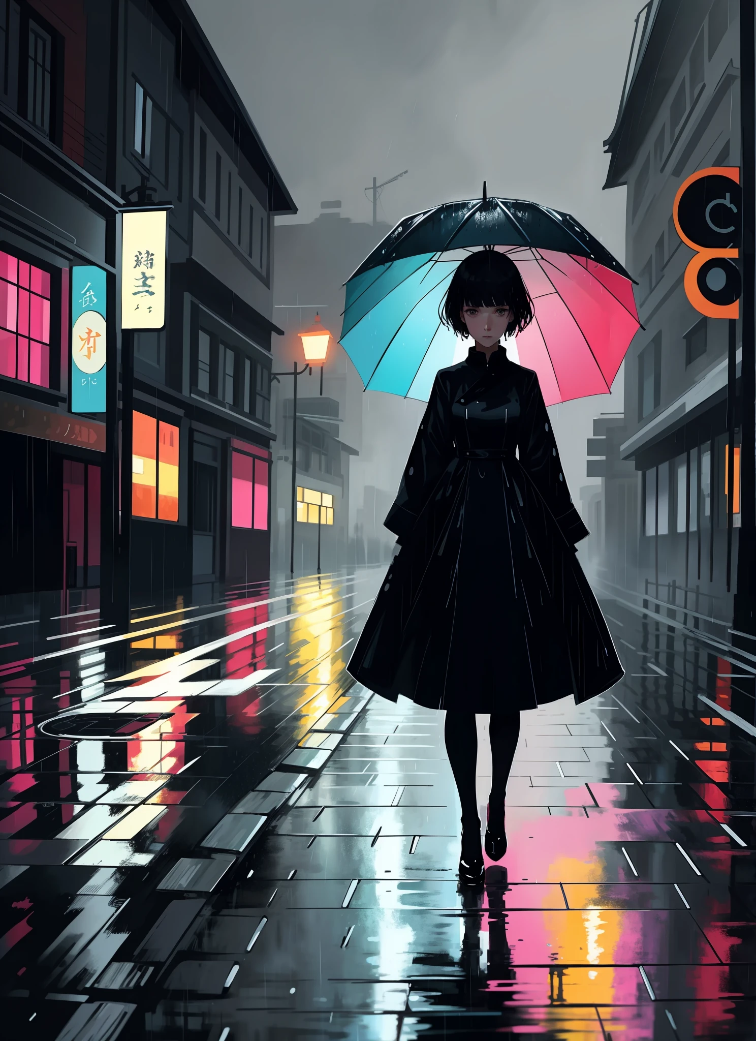 beautiful aesthetic illustration, flat anime, digital art, (elegant woman standing in the rain, focused, wet), colorful style, holding umbrella, masterpeace, blurred environment