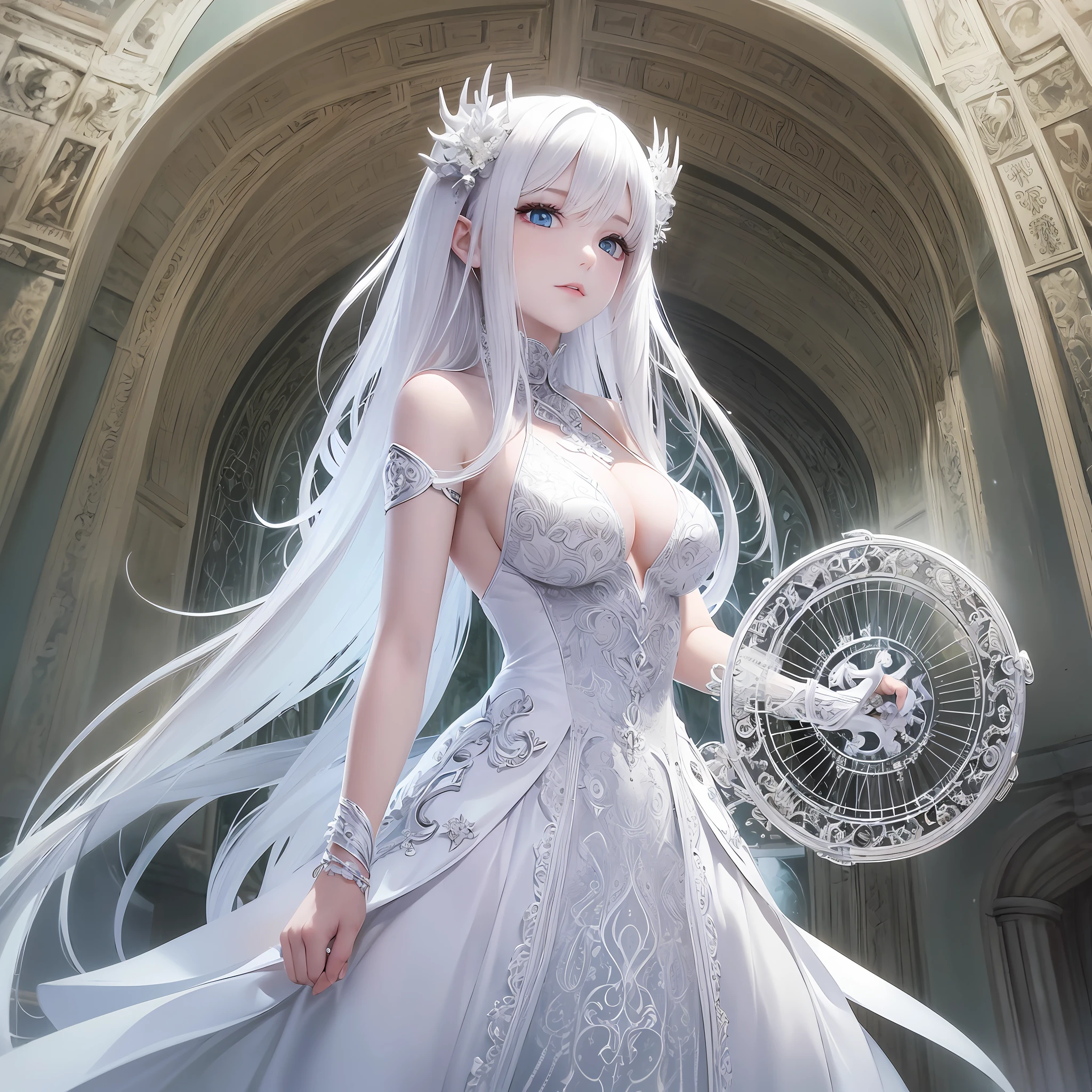 white dragon, goddess, white dress, slim, white hair, white clothes, big key, magic circle, --auto --s2