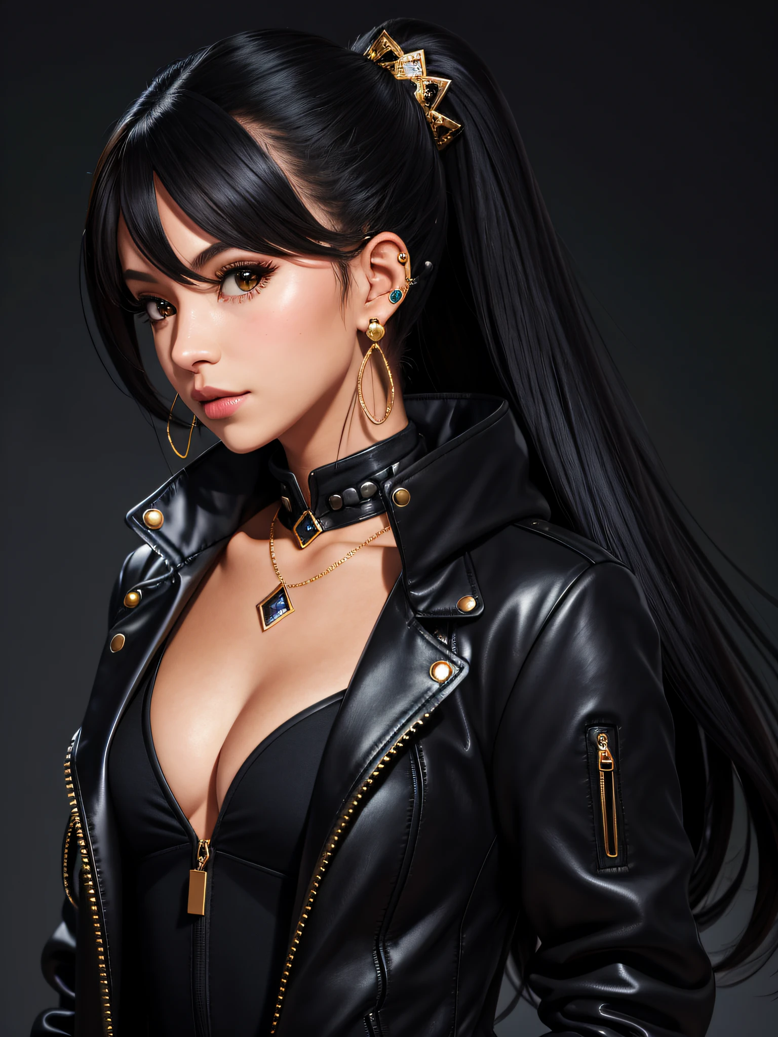 R.1), wlop, 1girl, black gloves, black open jacket, character request, comment, earrings, double v, jewelry, hair channel, front pose, looking forward, half look, perfect flowing hair, solo